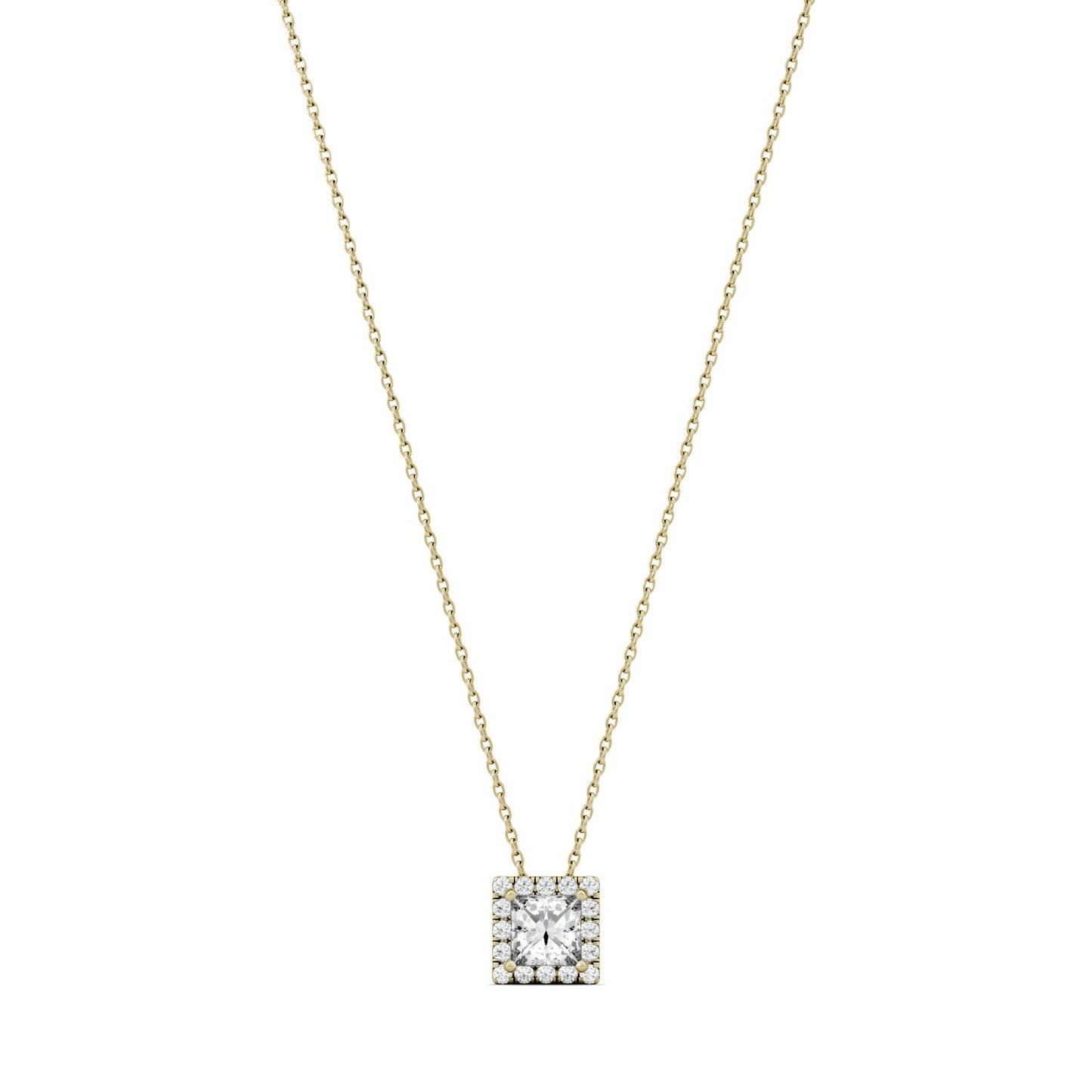 0.96 CTW DEW Square Forever One Moissanite Square Shaped Halo Necklace in 14K Yellow Gold