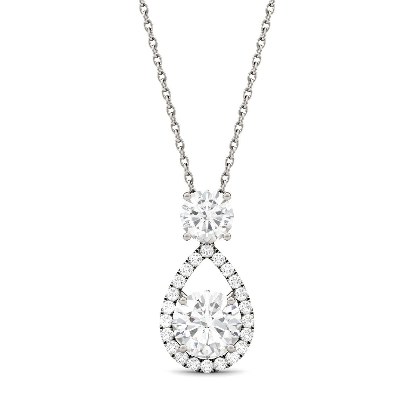 1.68 CTW DEW Round Forever One Moissanite Teardrop Halo Necklace in 14K White Gold