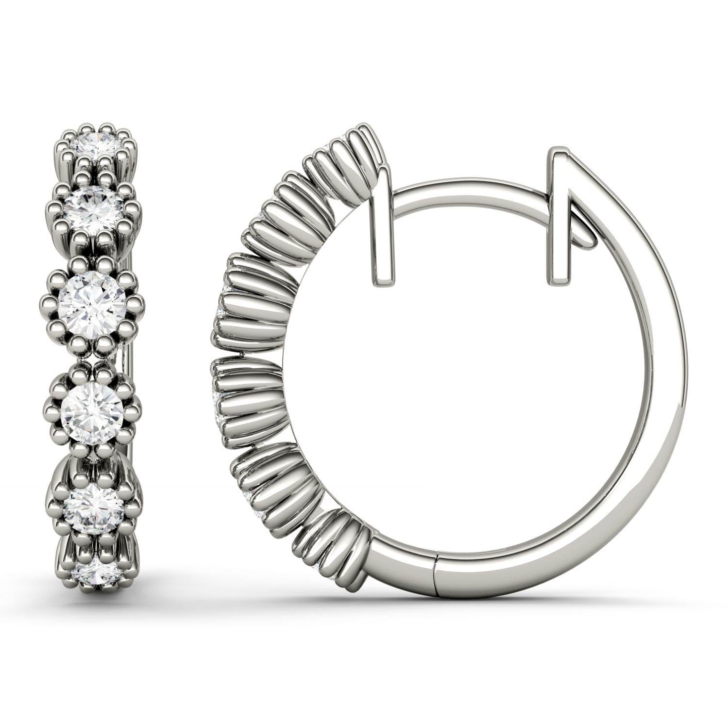 0.40 CTW DEW Round Forever One Moissanite Beaded Hoop Earrings in 14K White Gold