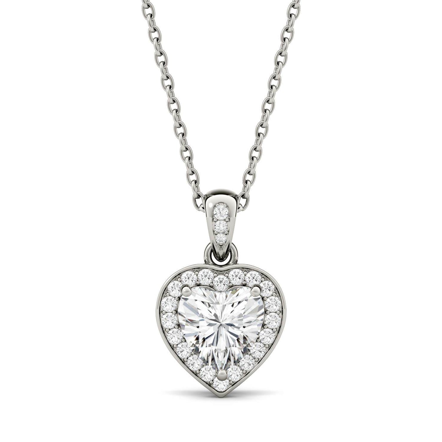 0.95 CTW DEW Heart Forever One Moissanite Bezel Set Halo Pendant in 14K White Gold