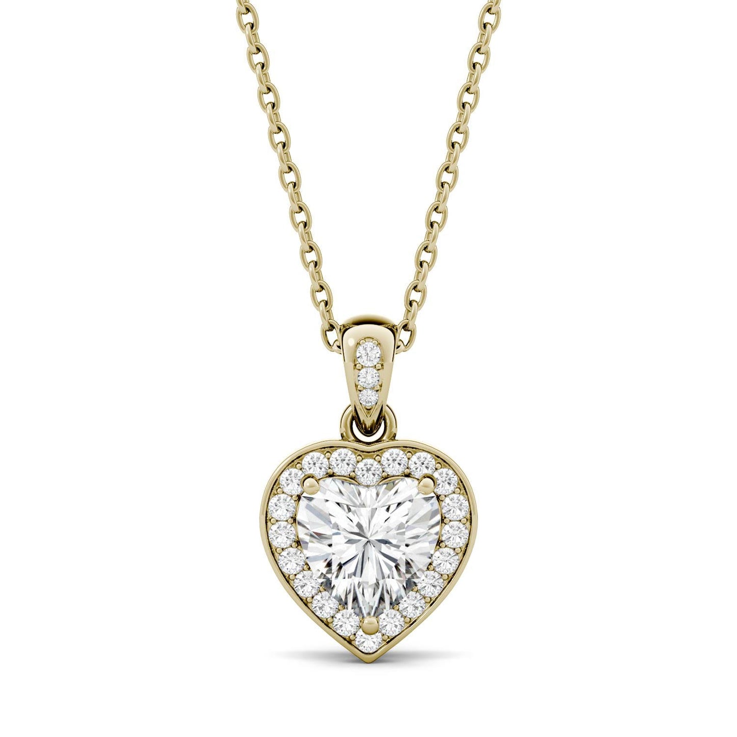 0.95 CTW DEW Heart Forever One Moissanite Bezel Set Halo Pendant in 14K Yellow Gold