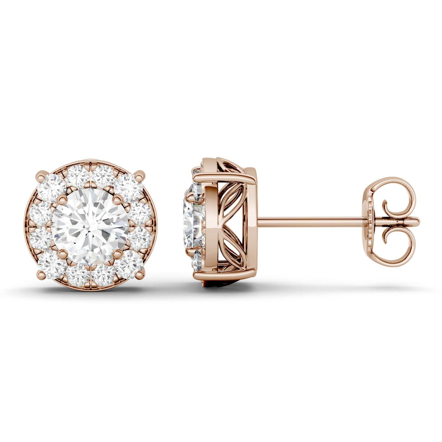 1.32 CTW DEW Round Forever One Moissanite Halo Four Prong Stud Earrings in 14K Rose Gold