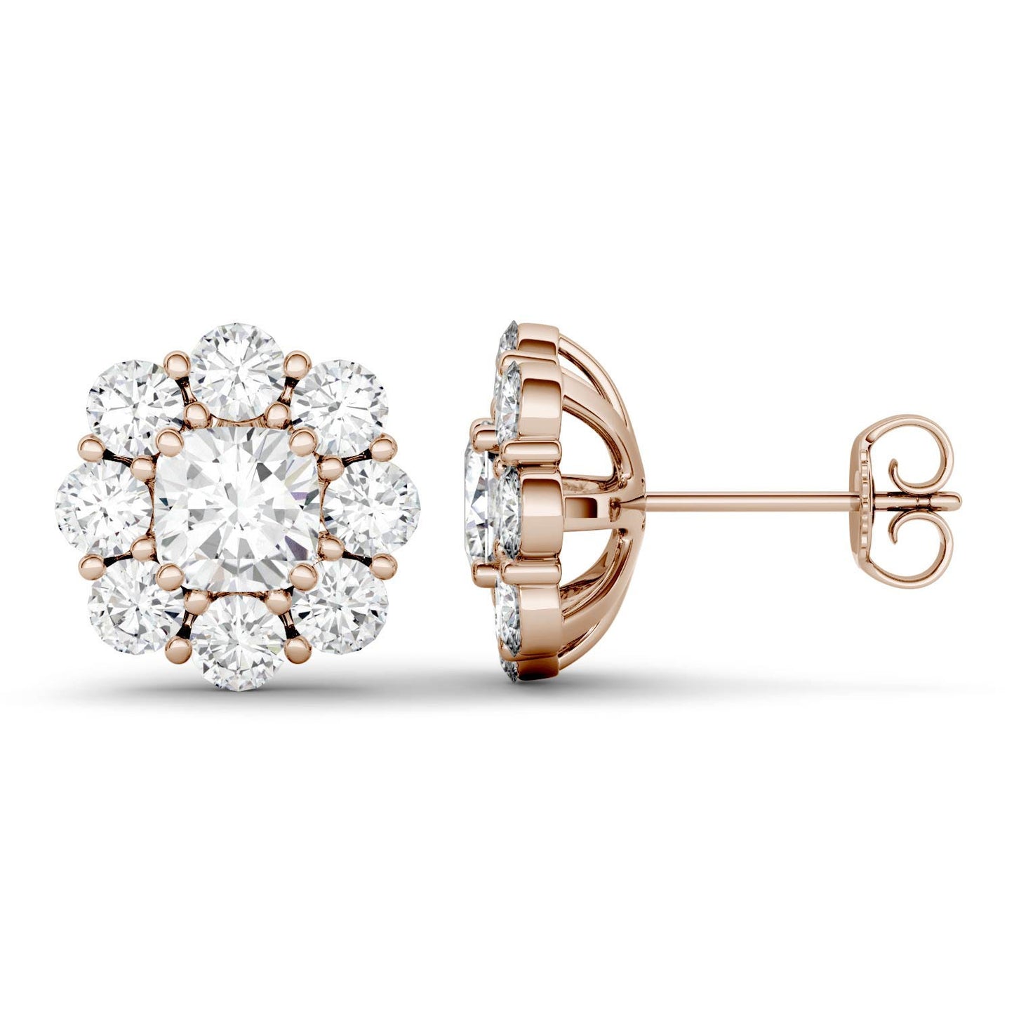 3.20 CTW DEW Cushion Forever One Moissanite Floral Stud Earrings in 14K Rose Gold