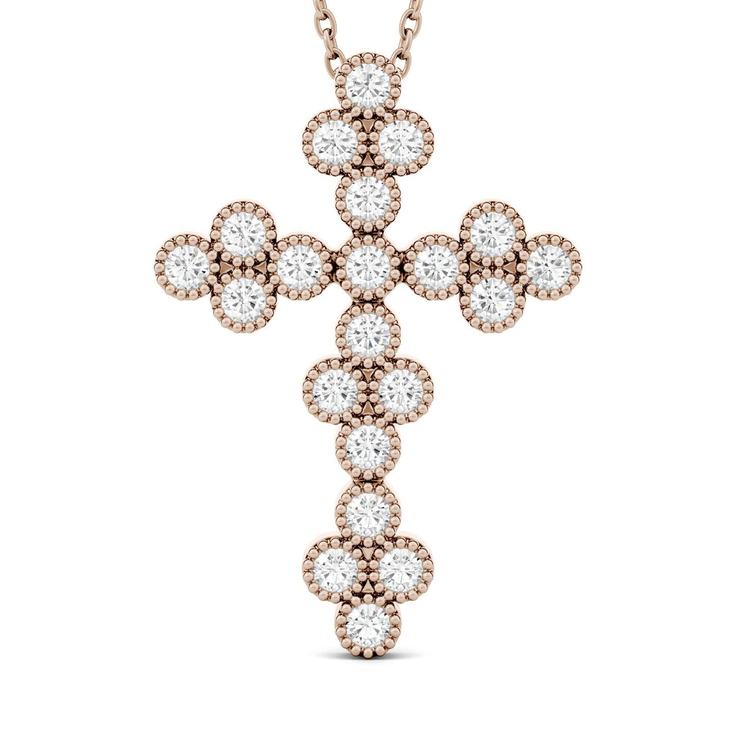 0.47 CTW DEW Round Forever One Moissanite Milgrain Cross Pendant in 14K Rose Gold