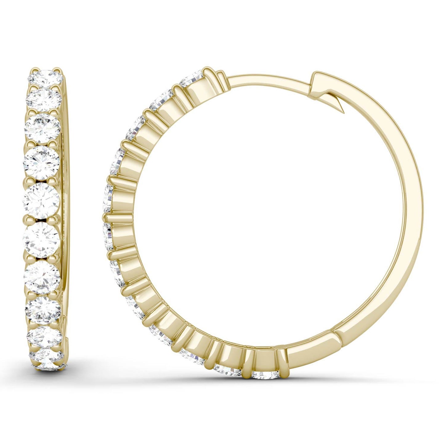 1.08 CTW DEW Round Forever One Moissanite Shared Prong Hoop Earrings in 14K Yellow Gold