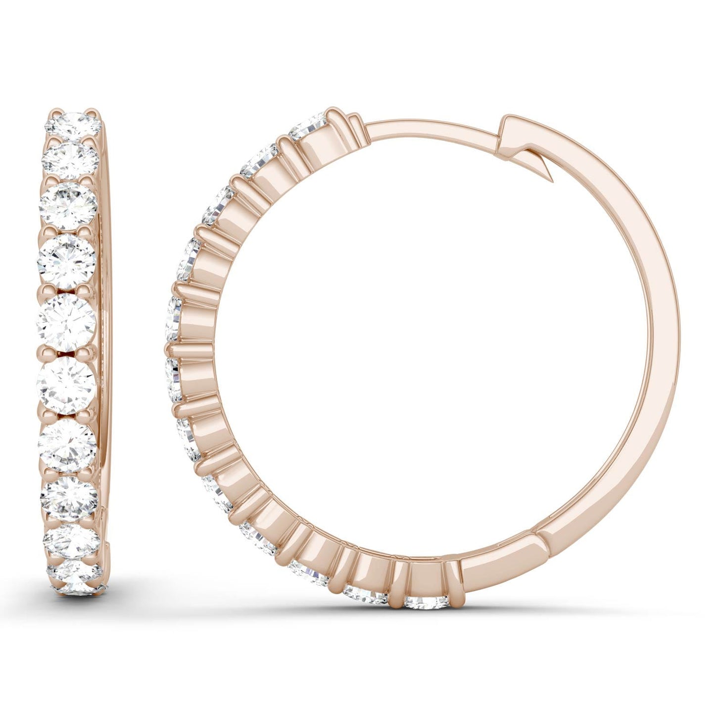 1.08 CTW DEW Round Forever One Moissanite Shared Prong Hoop Earrings in 14K Rose Gold