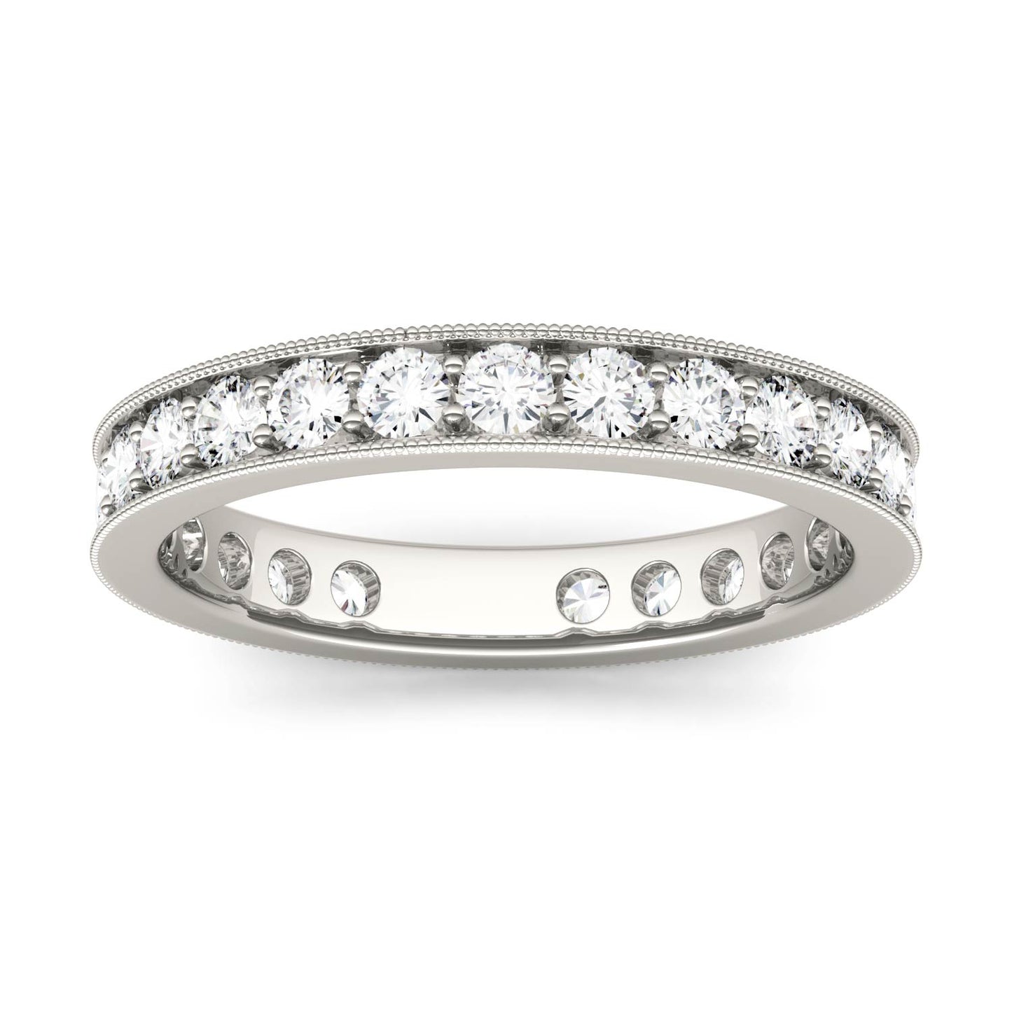 1.08 CTW DEW Round Forever One Moissanite Channel and Bead Set Milgrain Eternity Band in 14K White Gold