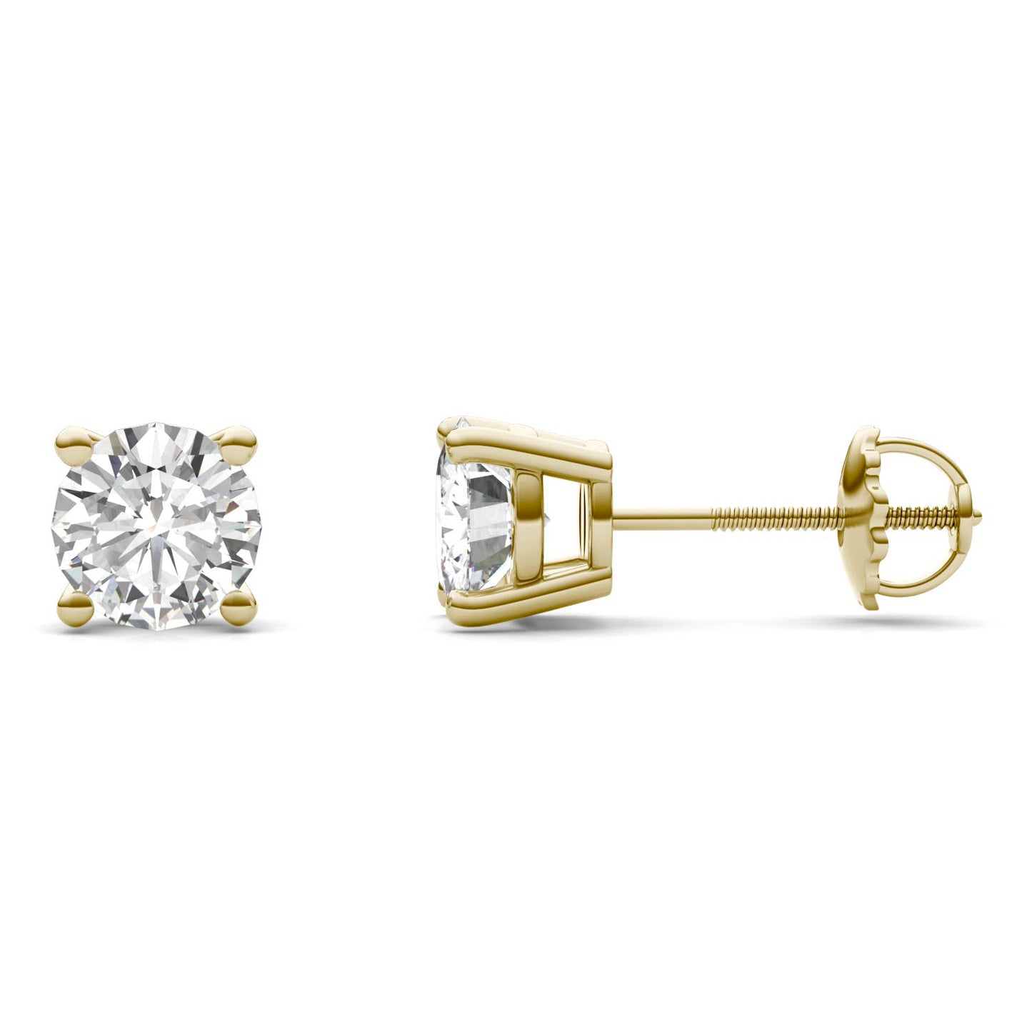 2.00 CTW DEW Round Forever One Moissanite Four Prong Screw-Back Earrings in 14K Yellow Gold