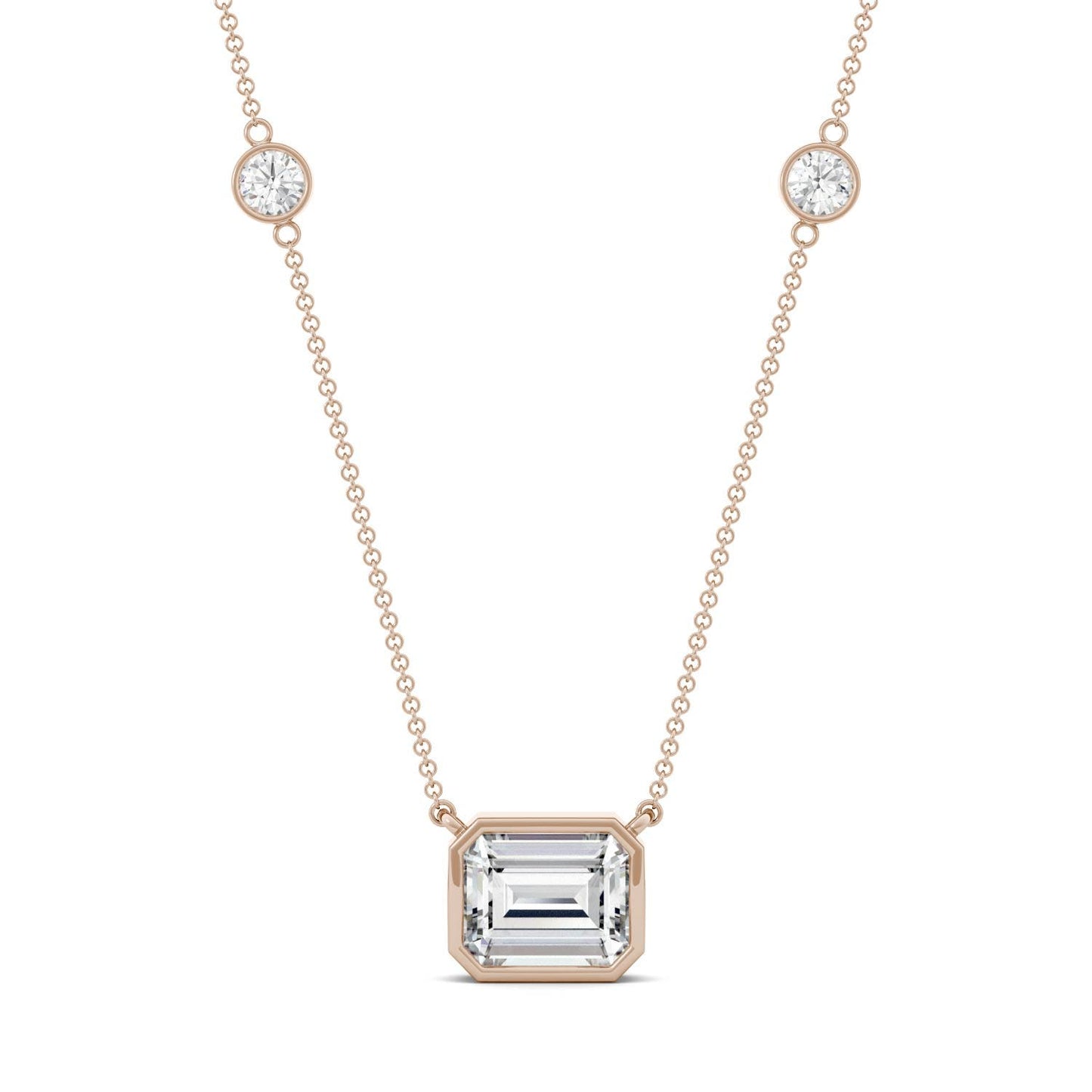 4.01 CTW DEW Emerald Forever One Moissanite East-West Solitaire with Side Accents Necklace in 14K Rose Gold