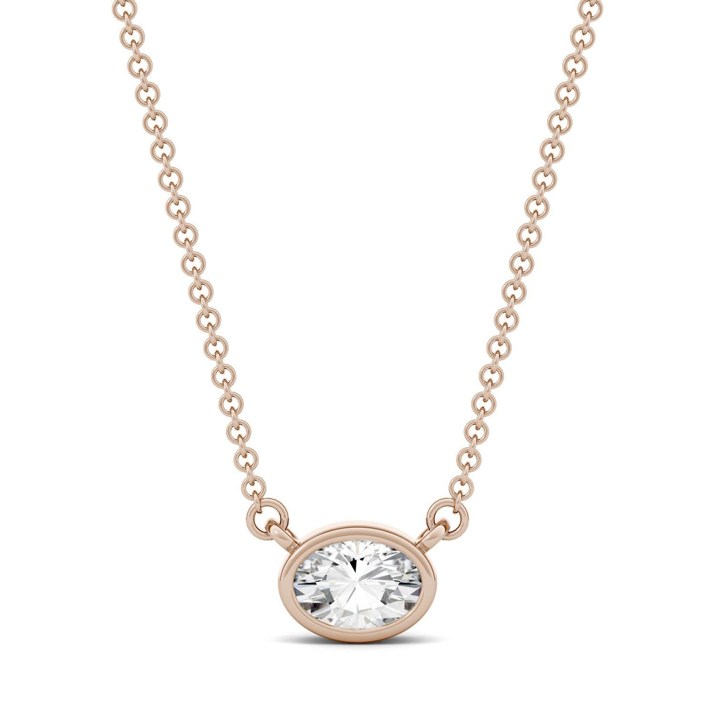0.50 CTW DEW Oval Forever One Moissanite East-West Bezel Necklace in 14K Rose Gold