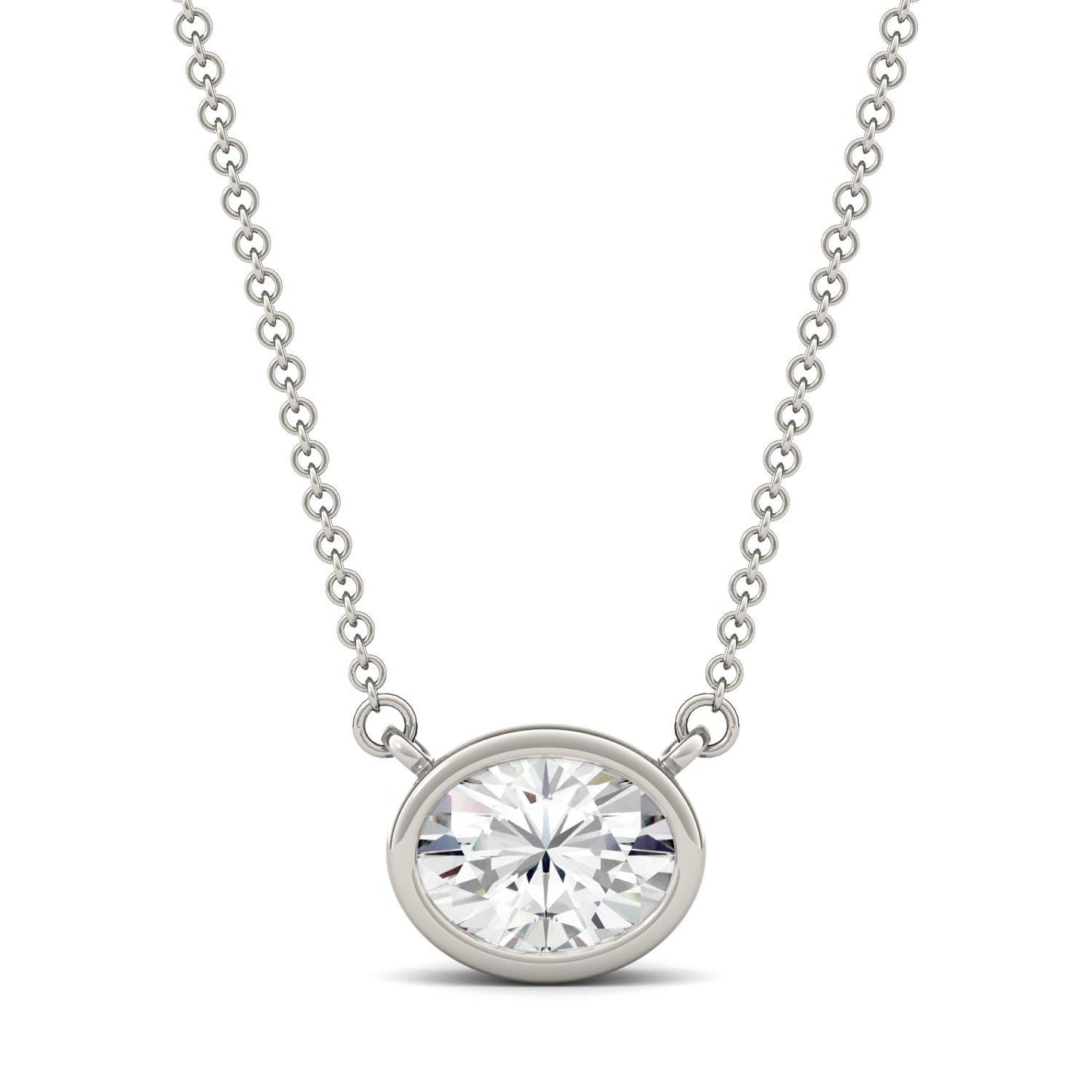1.50 CTW DEW Oval Forever One Moissanite East-West Bezel Necklace in 14K White Gold