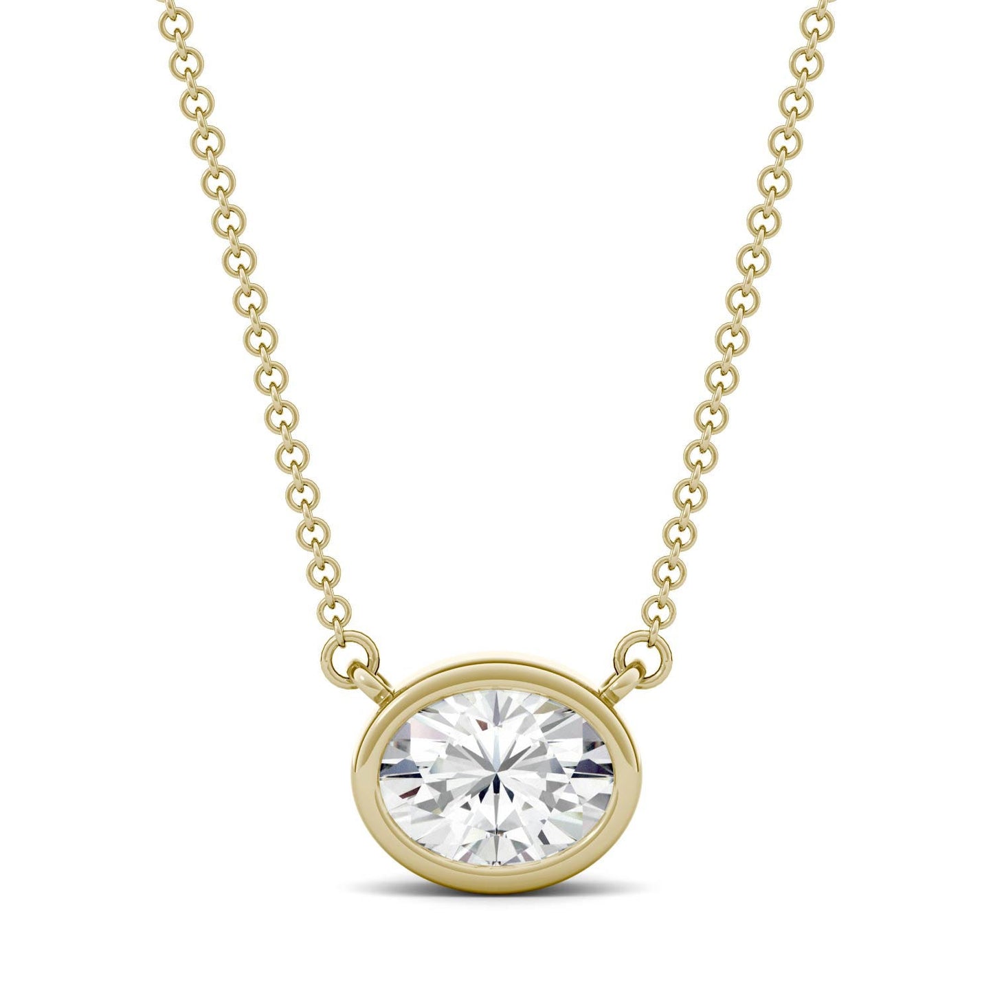 1.50 CTW DEW Oval Forever One Moissanite East-West Bezel Necklace in 14K Yellow Gold