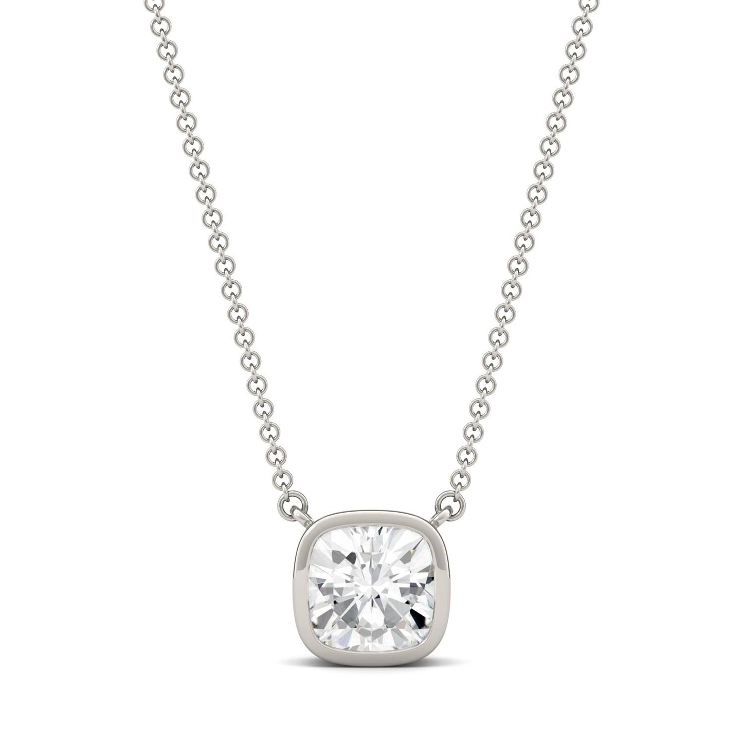 1.70 CTW DEW Cushion Forever One Moissanite Bezel Solitaire Necklace in 14K White Gold