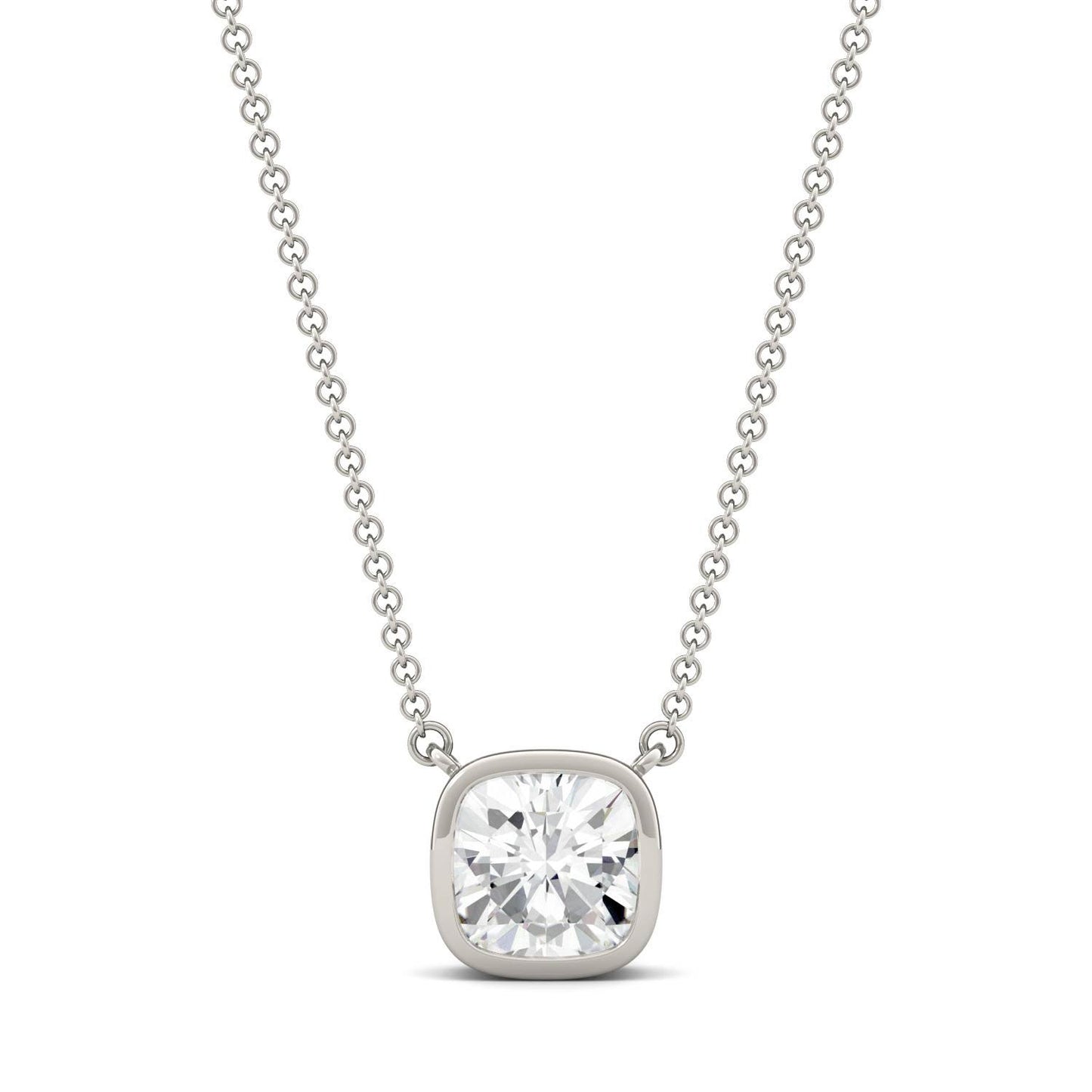 1.70 CTW DEW Cushion Forever One Moissanite Bezel Solitaire Necklace in 14K White Gold