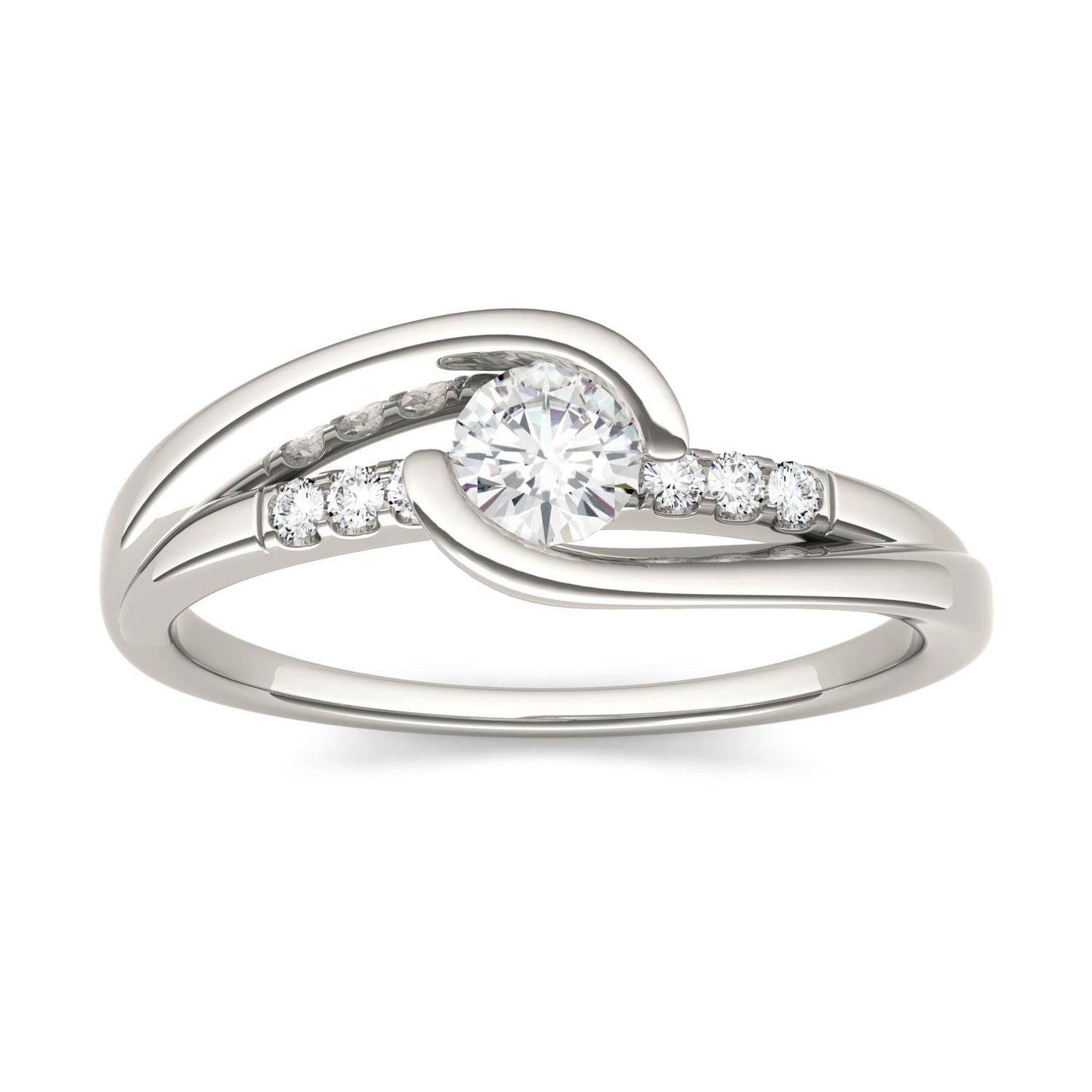 0.29 CTW DEW Round Forever One Moissanite Half Bezel Twist with Side Accents Ring in 14K White Gold