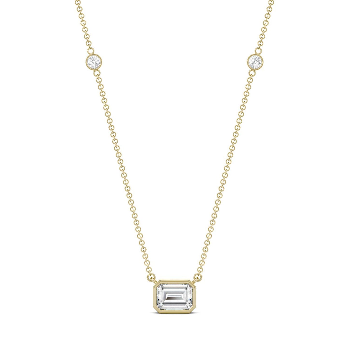 1.87 CTW DEW Emerald Forever One Moissanite East-West Solitaire with Side Accents Necklace in 14K Yellow Gold