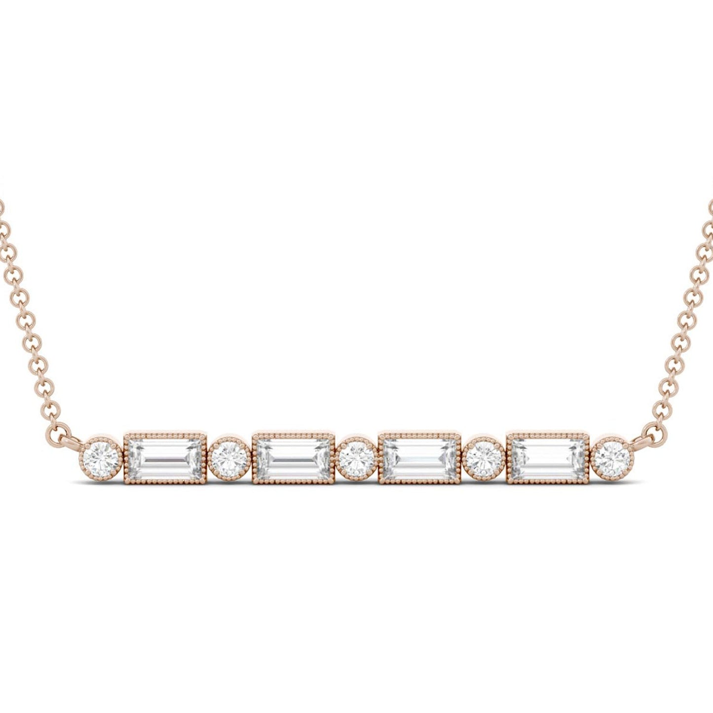 0.61 CTW DEW Straight Baguette Forever One Moissanite Horizontal Bar Necklace in 14K Rose Gold