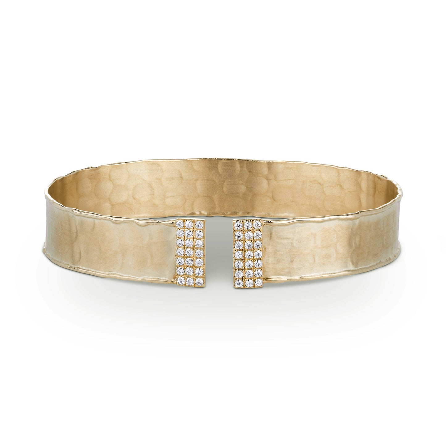 0.42 CTW DEW Round Forever One Moissanite Accented Hammered Cuff Bracelet in 14K Yellow Gold