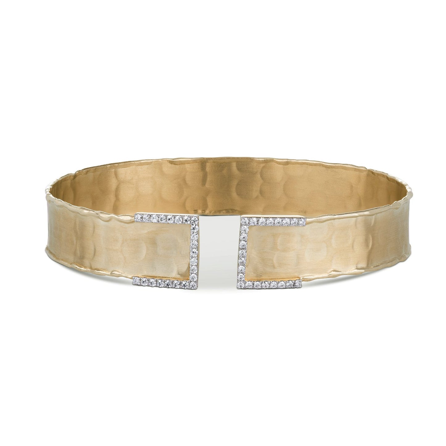 0.37 CTW DEW Round Forever One Moissanite Hammered Cuff with Accented Edges Bracelet in 14K Yellow Gold