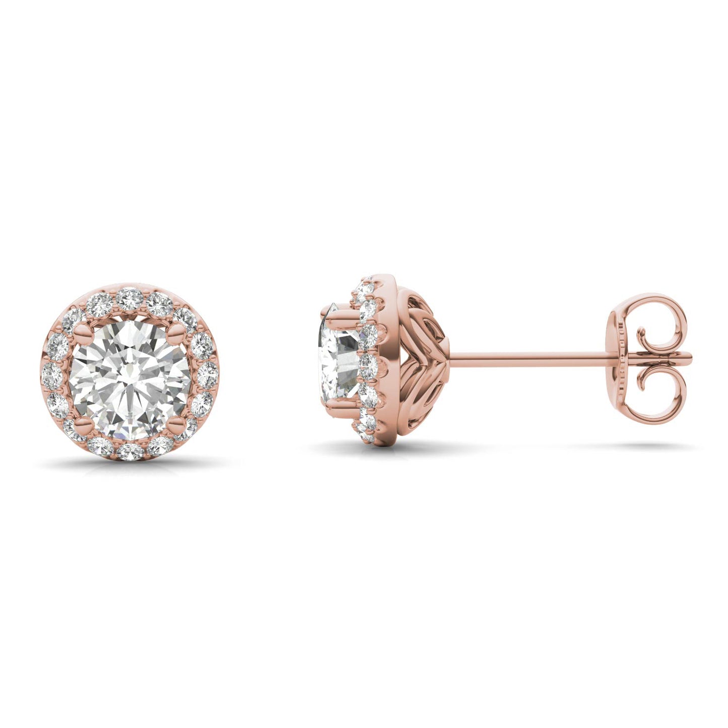 1.18 CTW DEW Round Forever One Moissanite Signature Halo Earrings in 14K Rose Gold