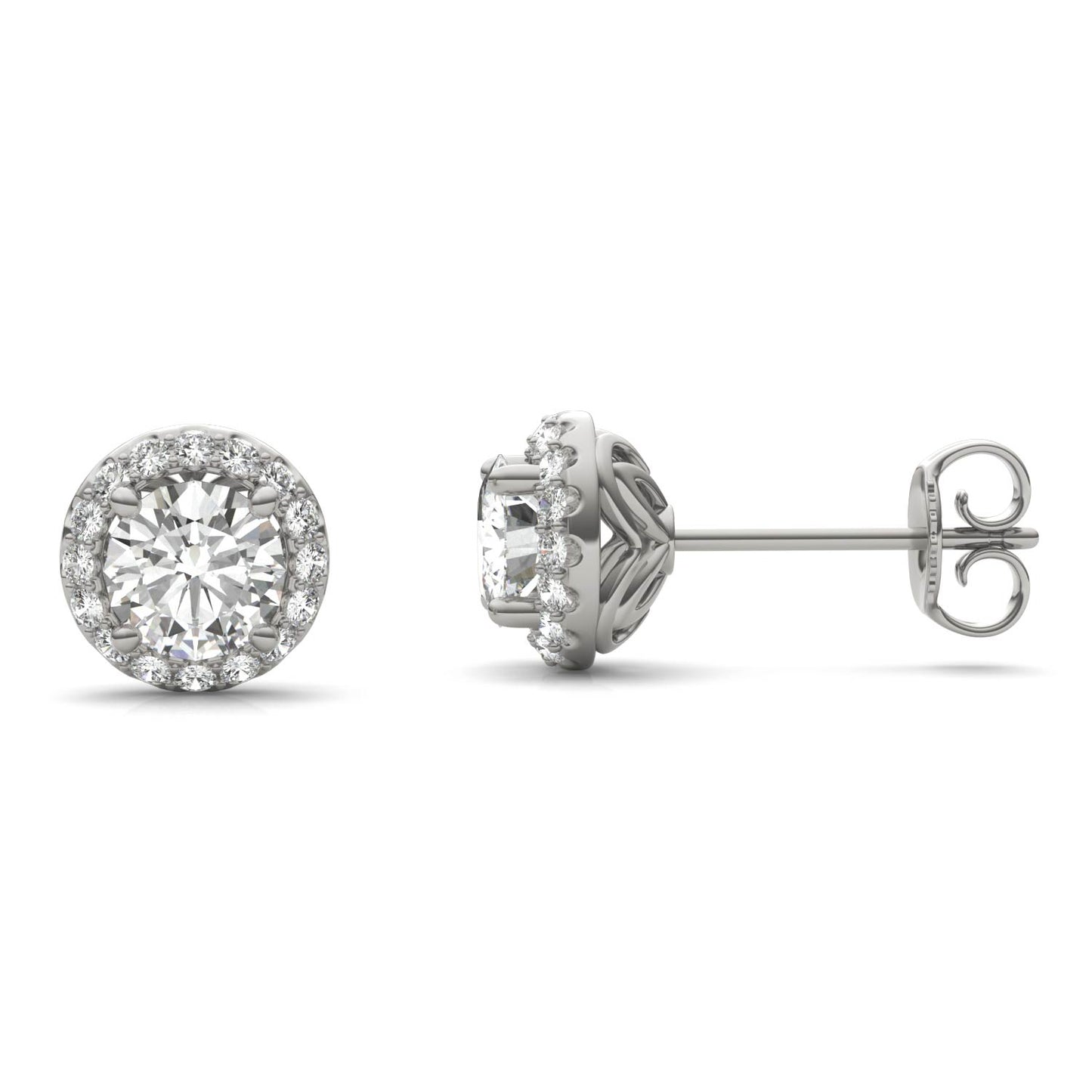 1.18 CTW DEW Round Forever One Moissanite Signature Halo Earrings in 14K White Gold