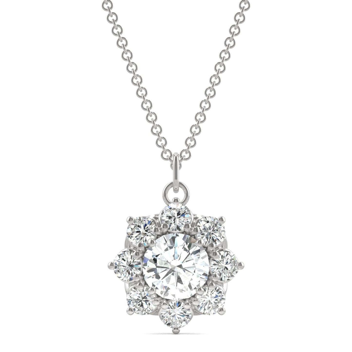 1.86 CTW DEW Round Forever One Moissanite Cluster Halo Signature Necklace in 14K White Gold