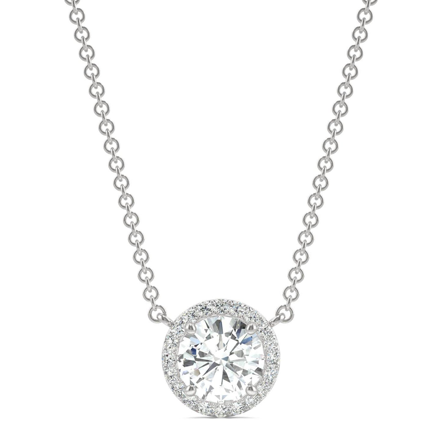 0.91 CTW DEW Round Forever One Moissanite Cluster Halo Signature Necklace in 14K White Gold