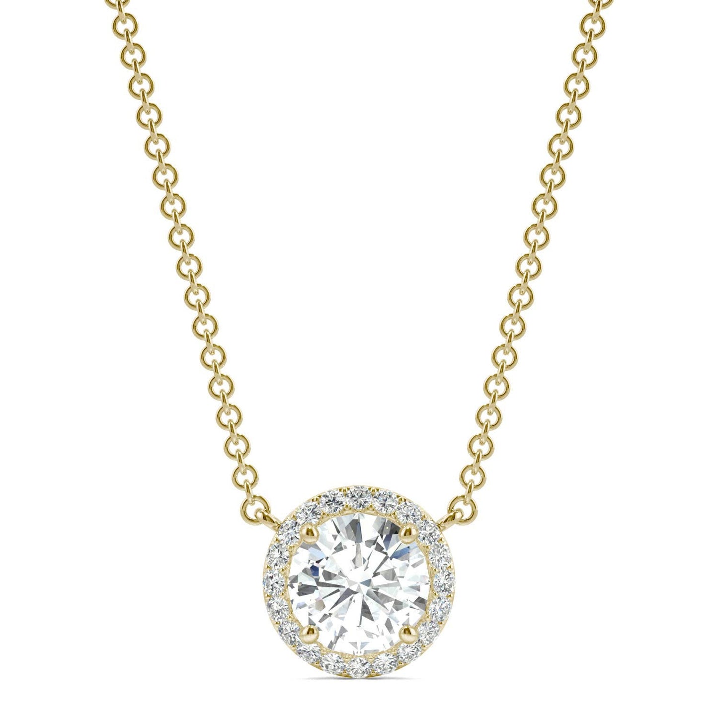 2.13 CTW DEW Round Forever One Moissanite Cluster Halo Signature Necklace in 14K Yellow Gold