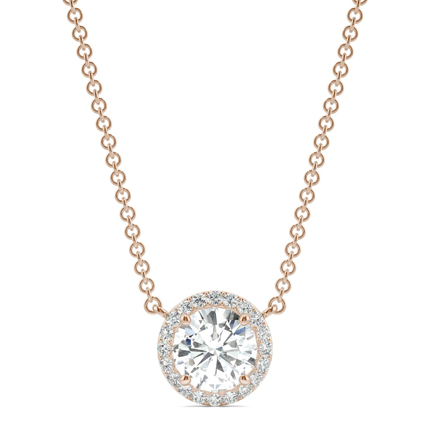 0.91 CTW DEW Round Forever One Moissanite Cluster Halo Signature Necklace in 14K Rose Gold