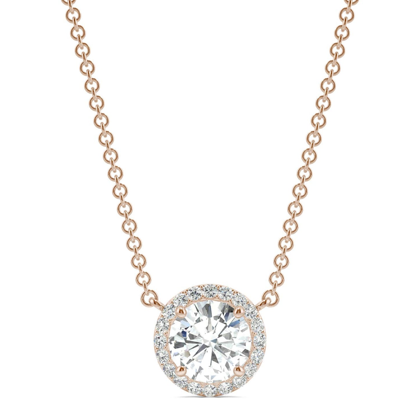 2.13 CTW DEW Round Forever One Moissanite Cluster Halo Signature Necklace in 14K Rose Gold