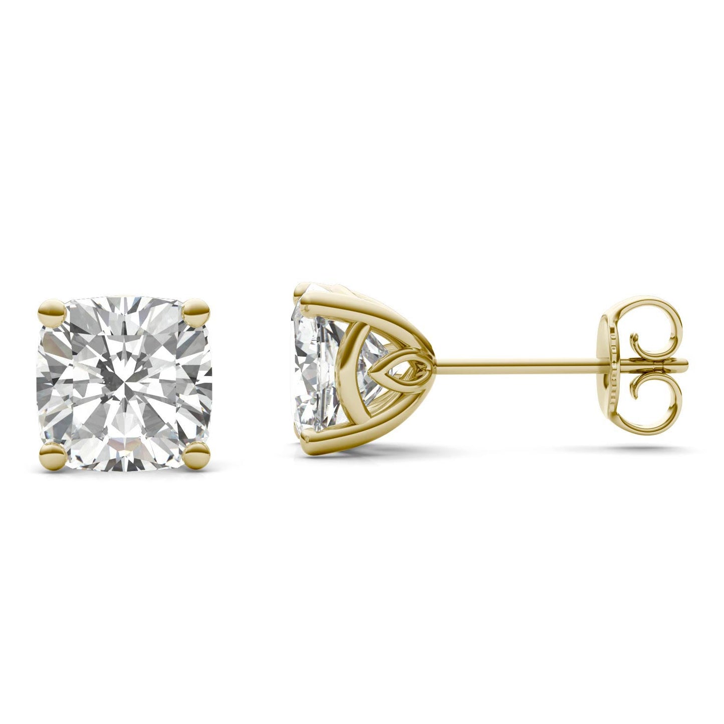 3.16 CTW DEW Cushion Forever One Moissanite Signature Basket Moissanite Stud Earrings in 14K Yellow Gold