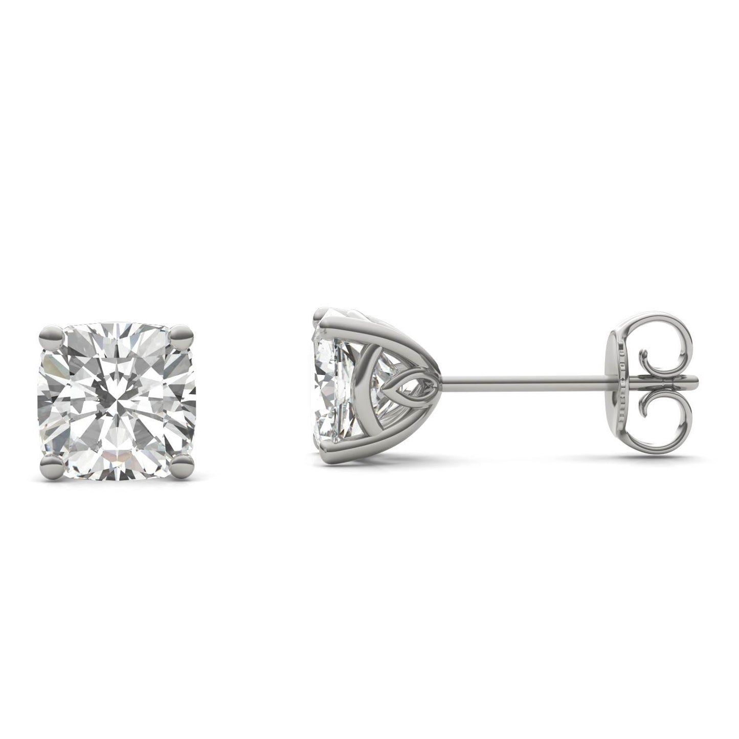 2.03 CTW DEW Cushion Forever One Moissanite Signature Basket Moissanite Stud Earrings in 14K White Gold