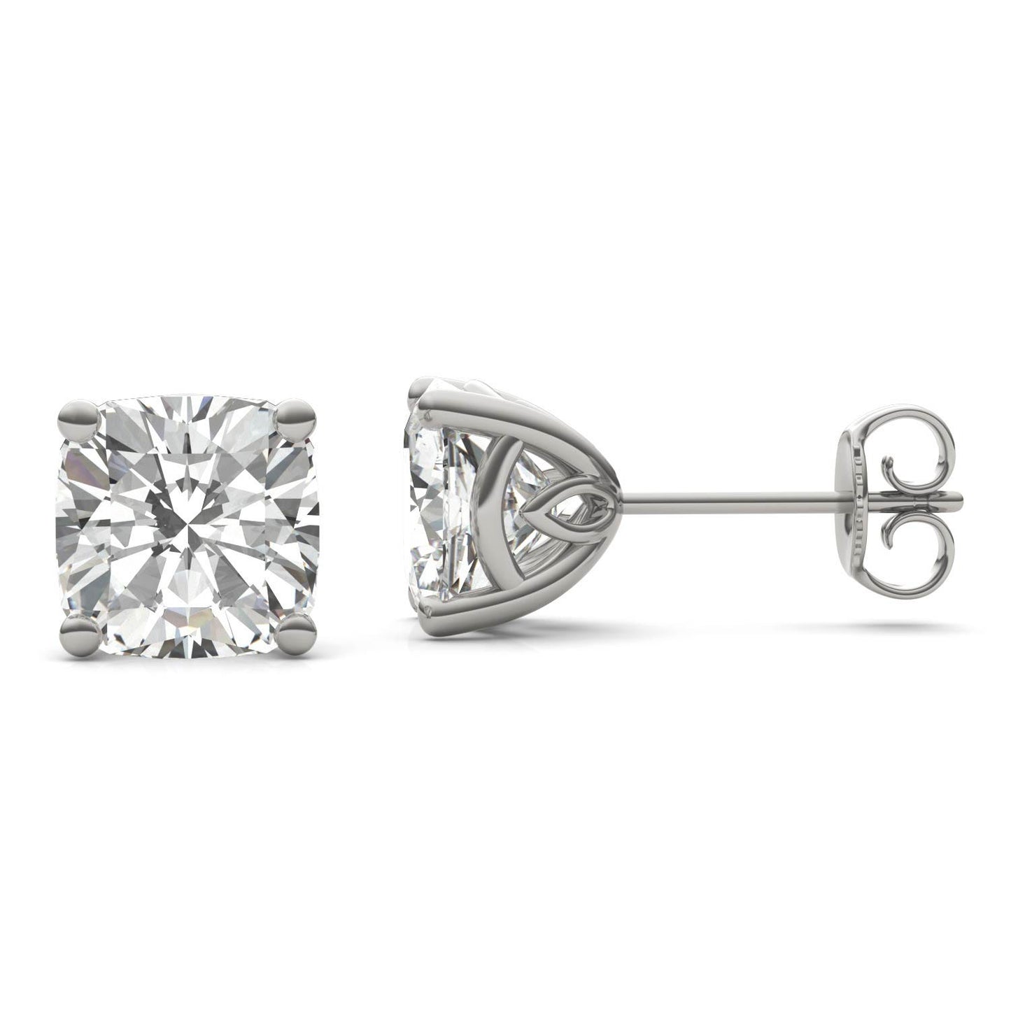 3.82 CTW DEW Cushion Forever One Moissanite Signature Basket Moissanite Stud Earrings in 14K White Gold