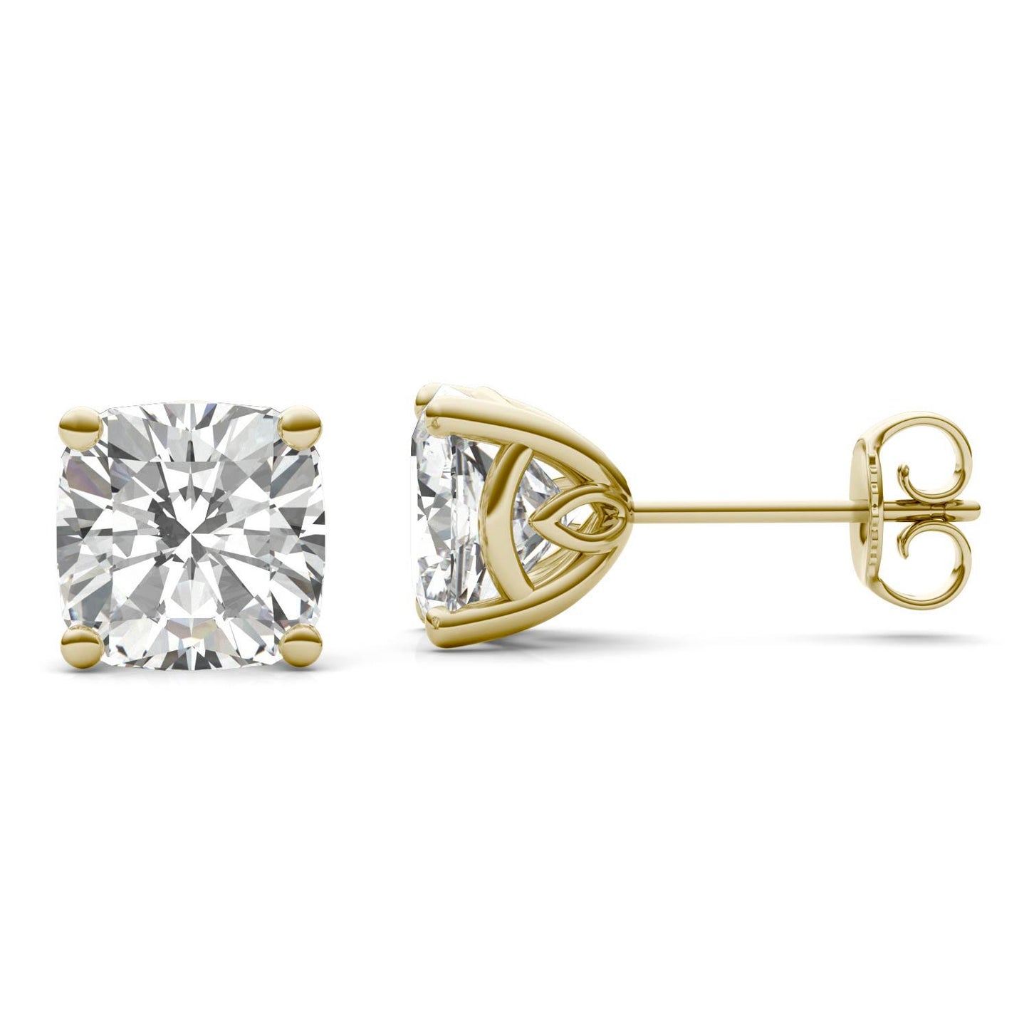 3.82 CTW DEW Cushion Forever One Moissanite Signature Basket Moissanite Stud Earrings in 14K Yellow Gold