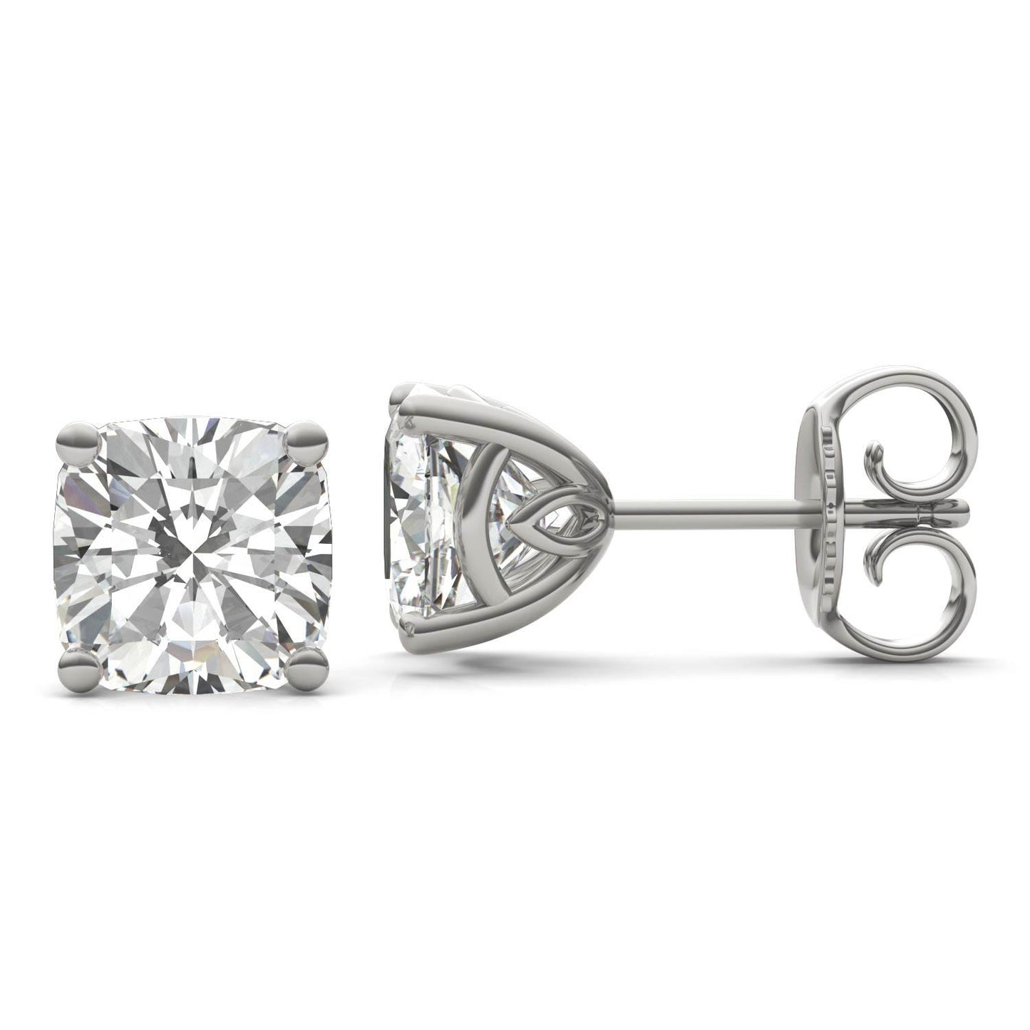 4.57 CTW DEW Cushion Forever One Moissanite Signature Basket Moissanite Stud Earrings in 14K White Gold