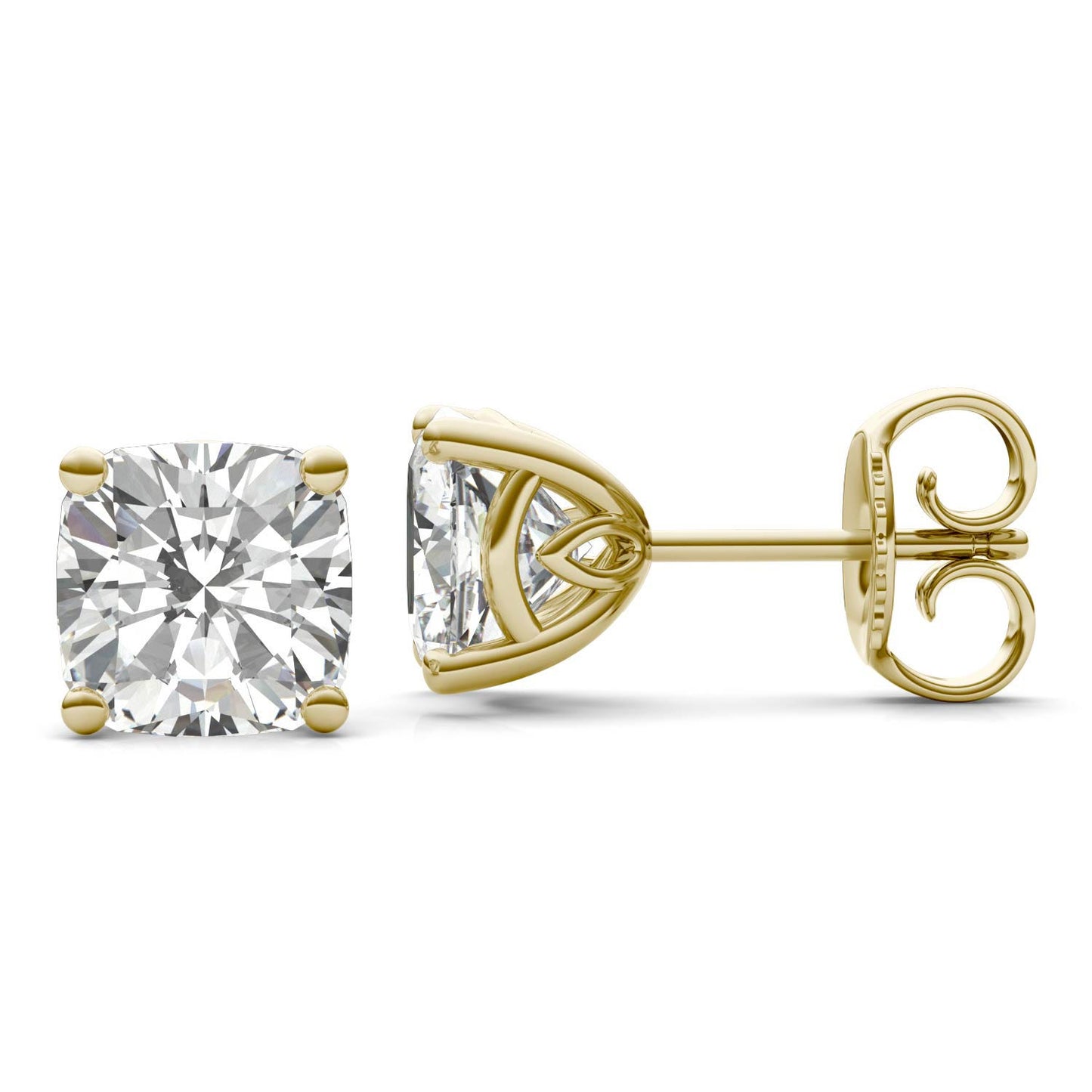 4.57 CTW DEW Cushion Forever One Moissanite Signature Basket Moissanite Stud Earrings in 14K Yellow Gold