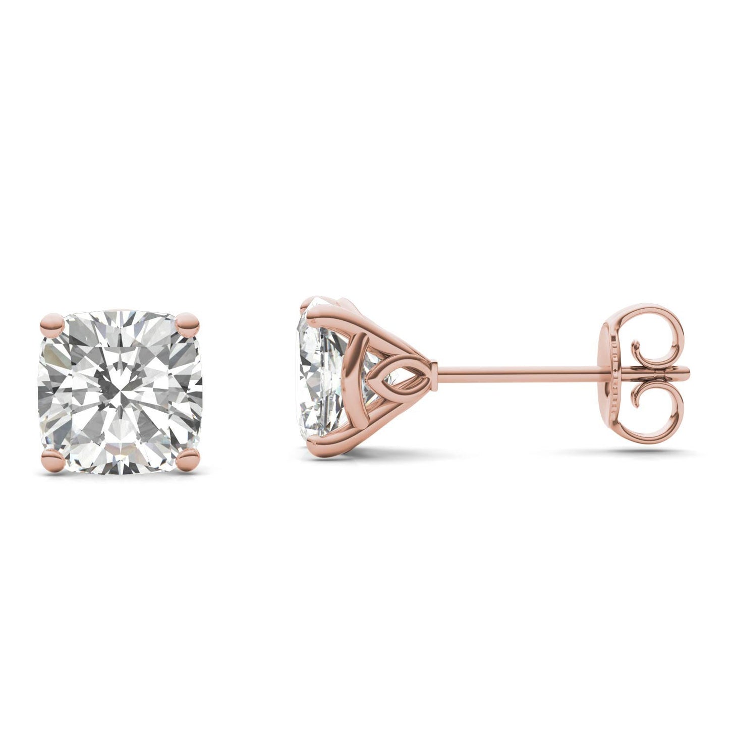 2.57 CTW DEW Cushion Forever One Moissanite Signature Martini Moissanite Stud Earrings in 14K Rose Gold