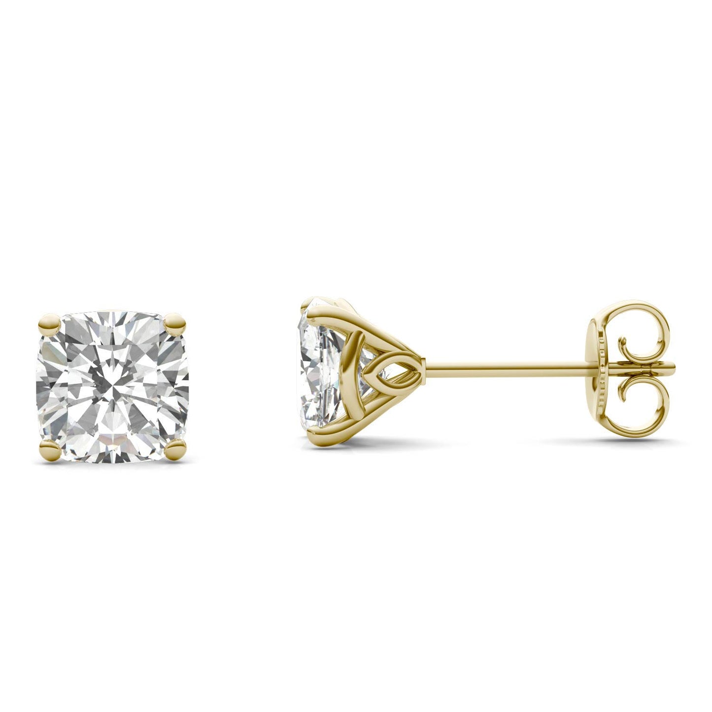 2.03 CTW DEW Cushion Forever One Moissanite Signature Martini Moissanite Stud Earrings in 14K Yellow Gold