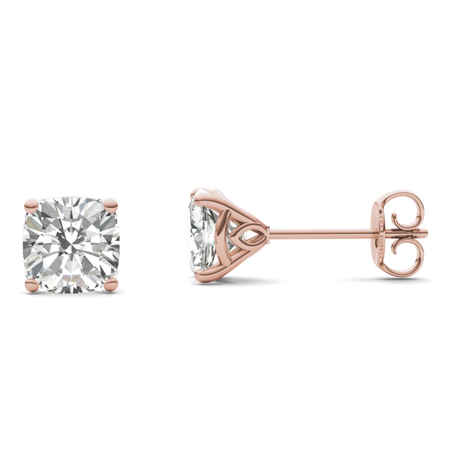 2.03 CTW DEW Cushion Forever One Moissanite Signature Martini Moissanite Stud Earrings in 14K Rose Gold