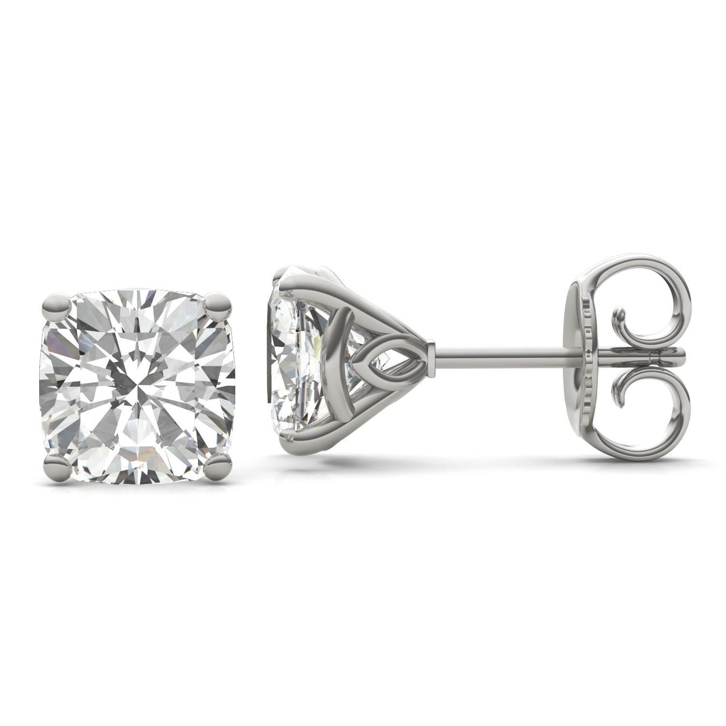 4.57 CTW DEW Cushion Forever One Moissanite Signature Martini Moissanite Stud Earrings in 14K White Gold