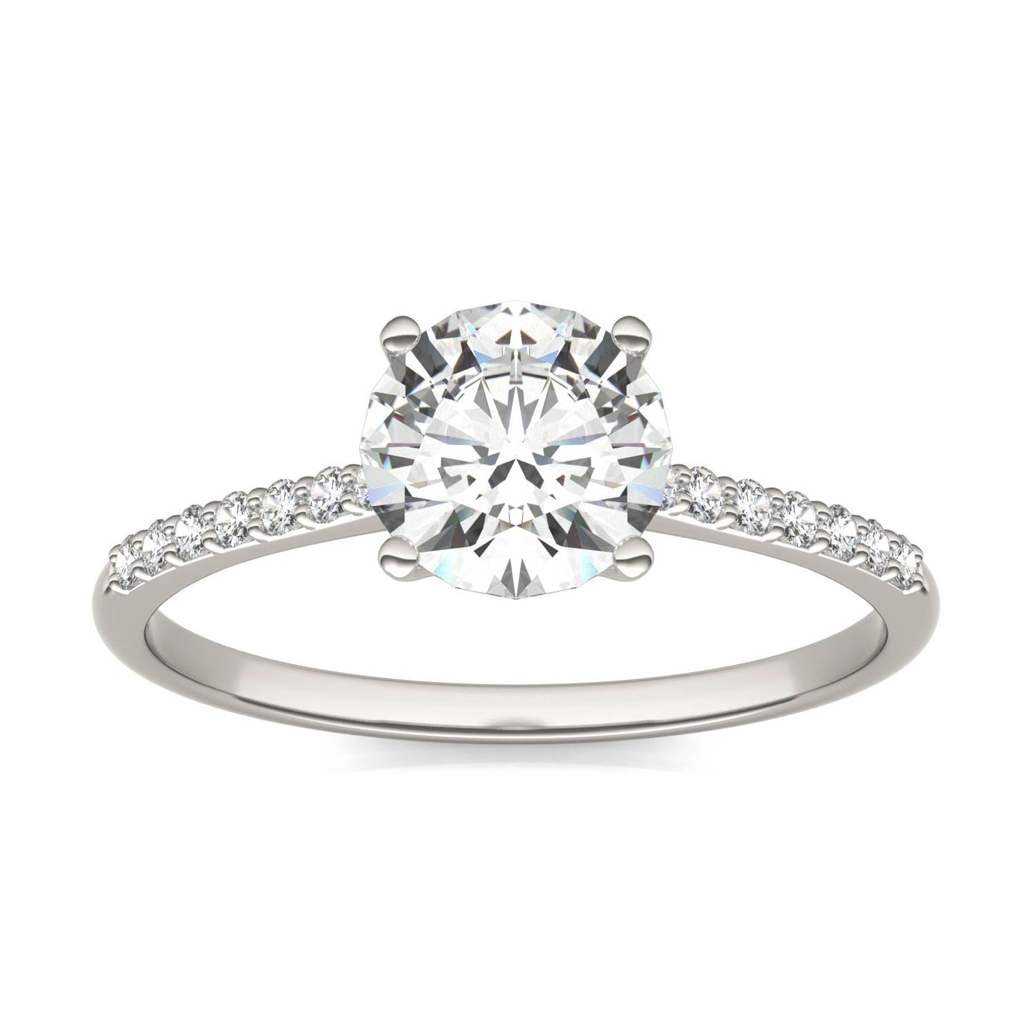 1.19 CTW DEW Round Forever One Moissanite Signature Side Stone Round Engagement Ring in 14K White Gold