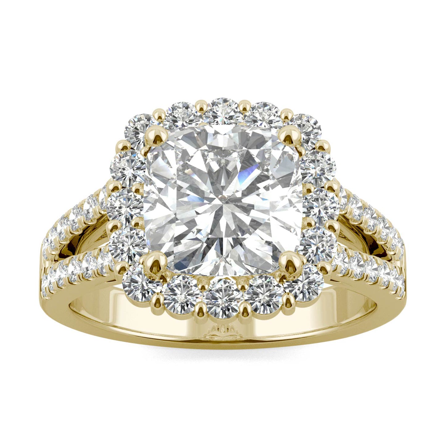 3.06 CTW DEW Cushion Forever One Moissanite Signature Halo Split Shank Engagement Ring in 14K Yellow Gold