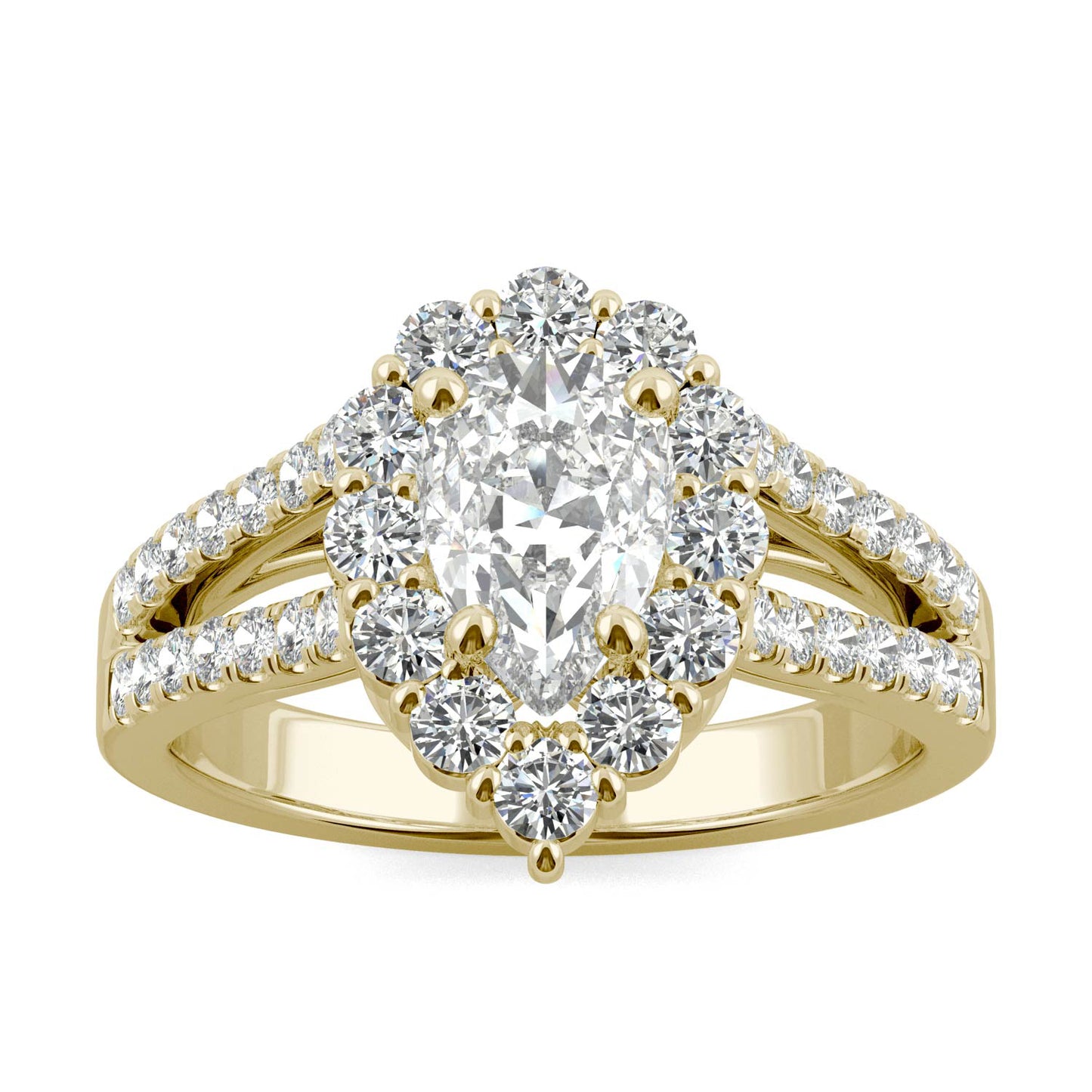 1.67 CTW DEW Pear Forever One Moissanite Signature Halo Split Shank Engagement Ring in 14K Yellow Gold