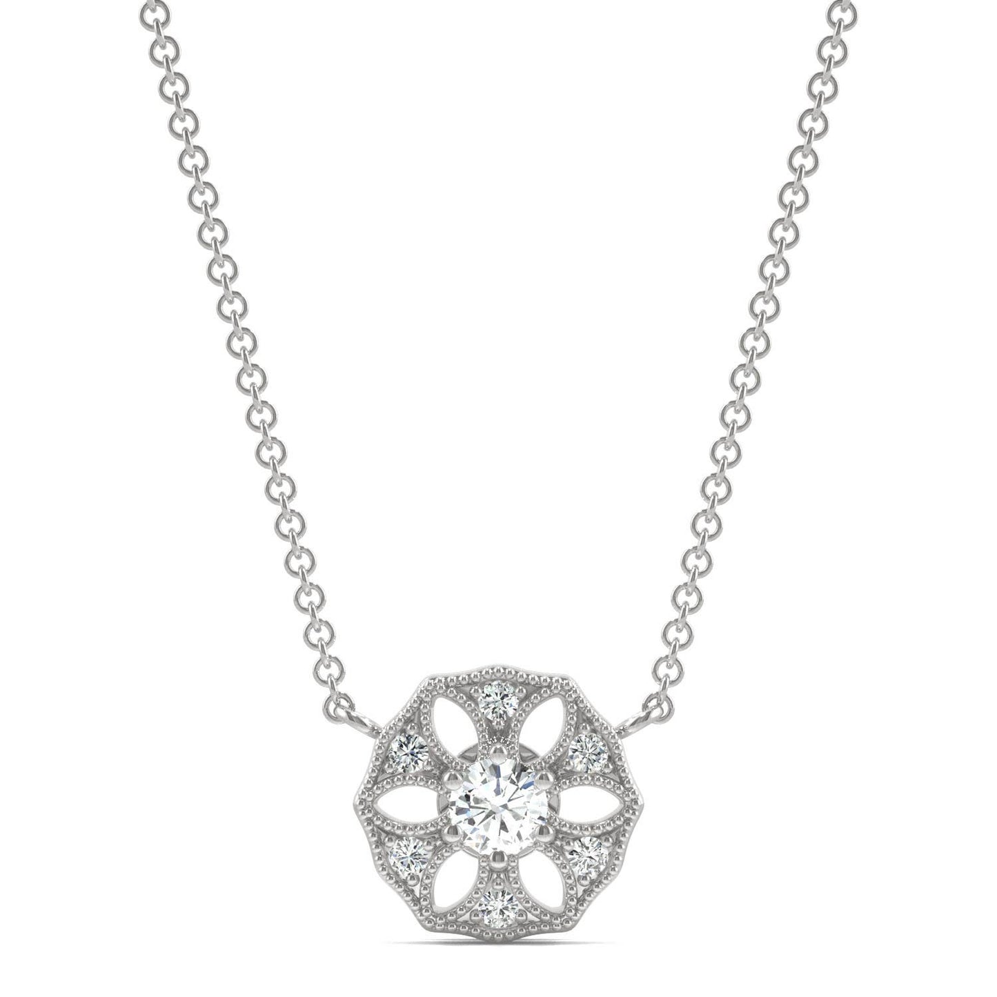0.16 CTW DEW Round Forever One Moissanite Signature Filigree Necklace in 14K White Gold