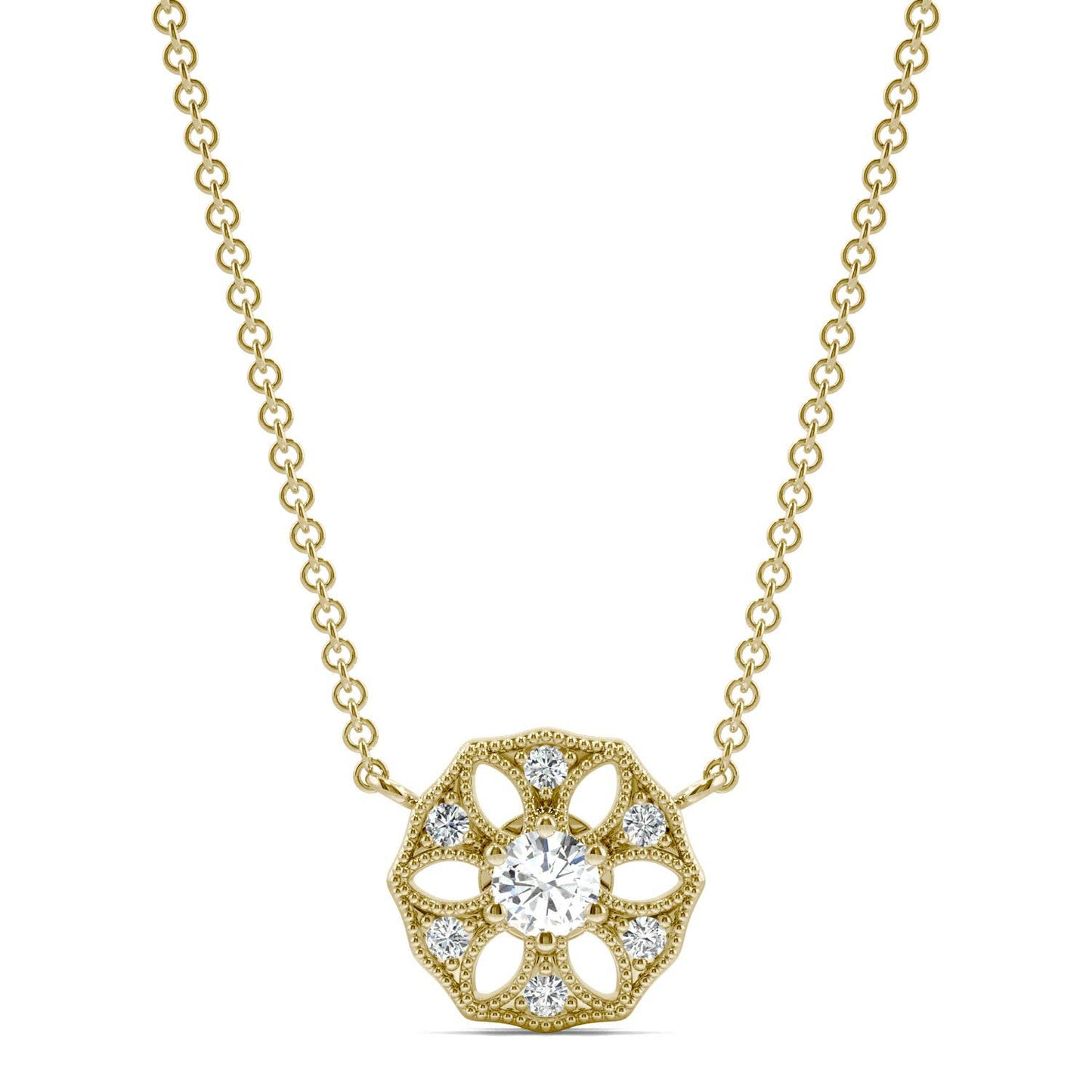 0.16 CTW DEW Round Forever One Moissanite Signature Filigree Necklace in 14K Yellow Gold