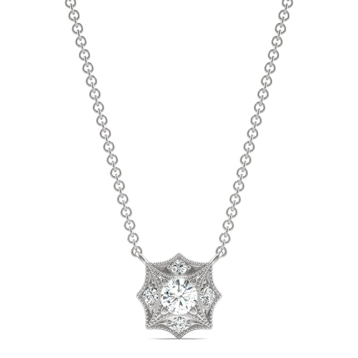 0.22 CTW DEW Round Forever One Moissanite Signature Milgrain Necklace in 14K White Gold