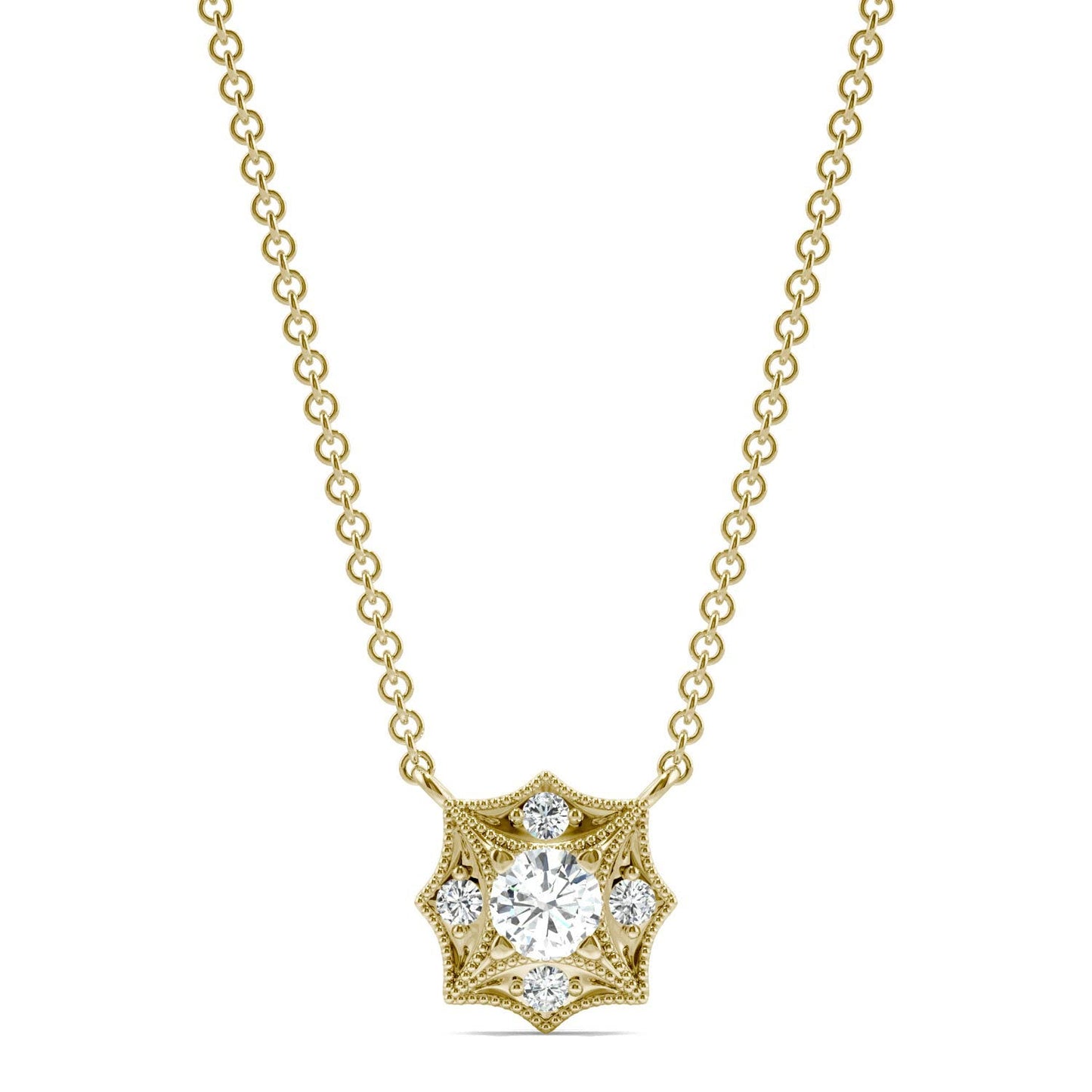 0.22 CTW DEW Round Forever One Moissanite Signature Milgrain Necklace in 14K Yellow Gold
