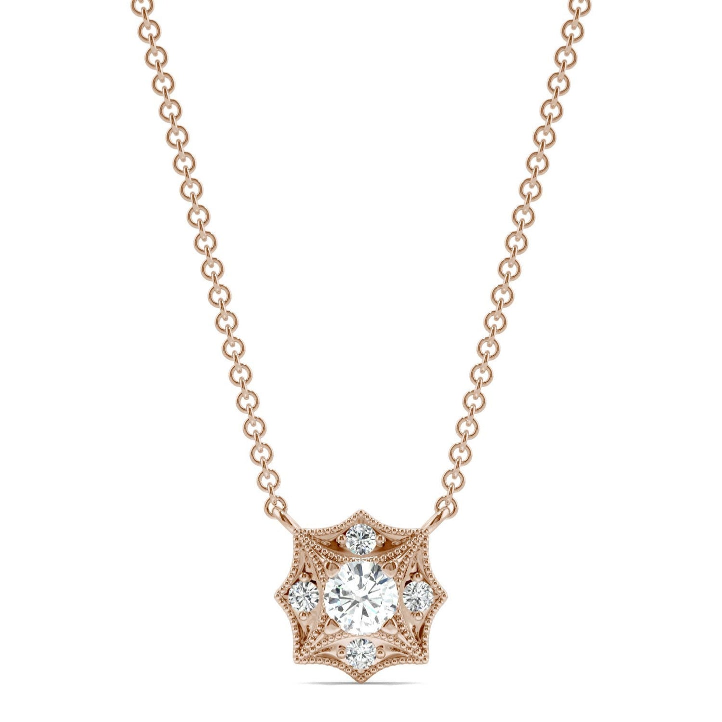 0.22 CTW DEW Round Forever One Moissanite Signature Milgrain Necklace in 14K Rose Gold