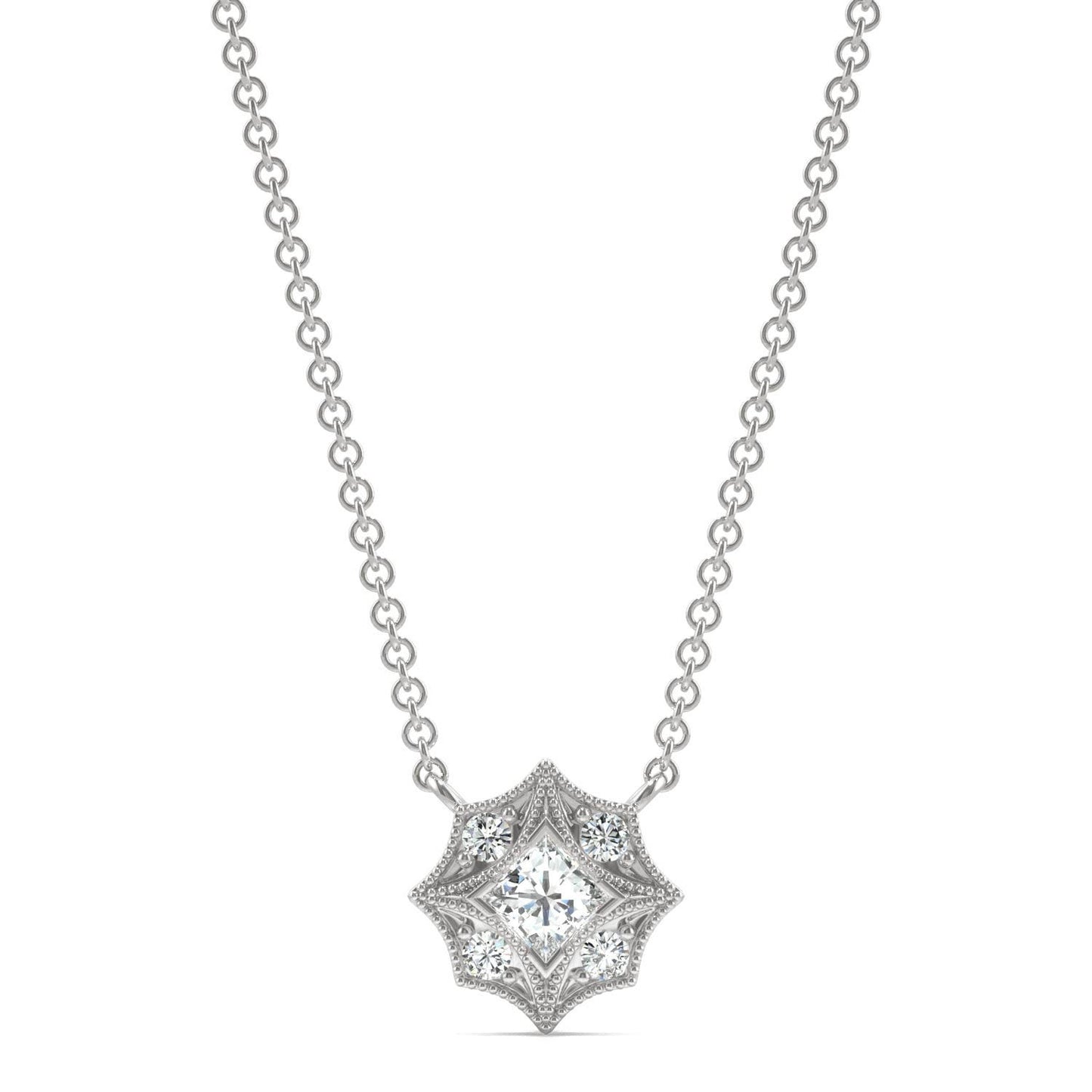 0.24 CTW DEW Princess Forever One Moissanite Signature Milgrain Necklace in 14K White Gold