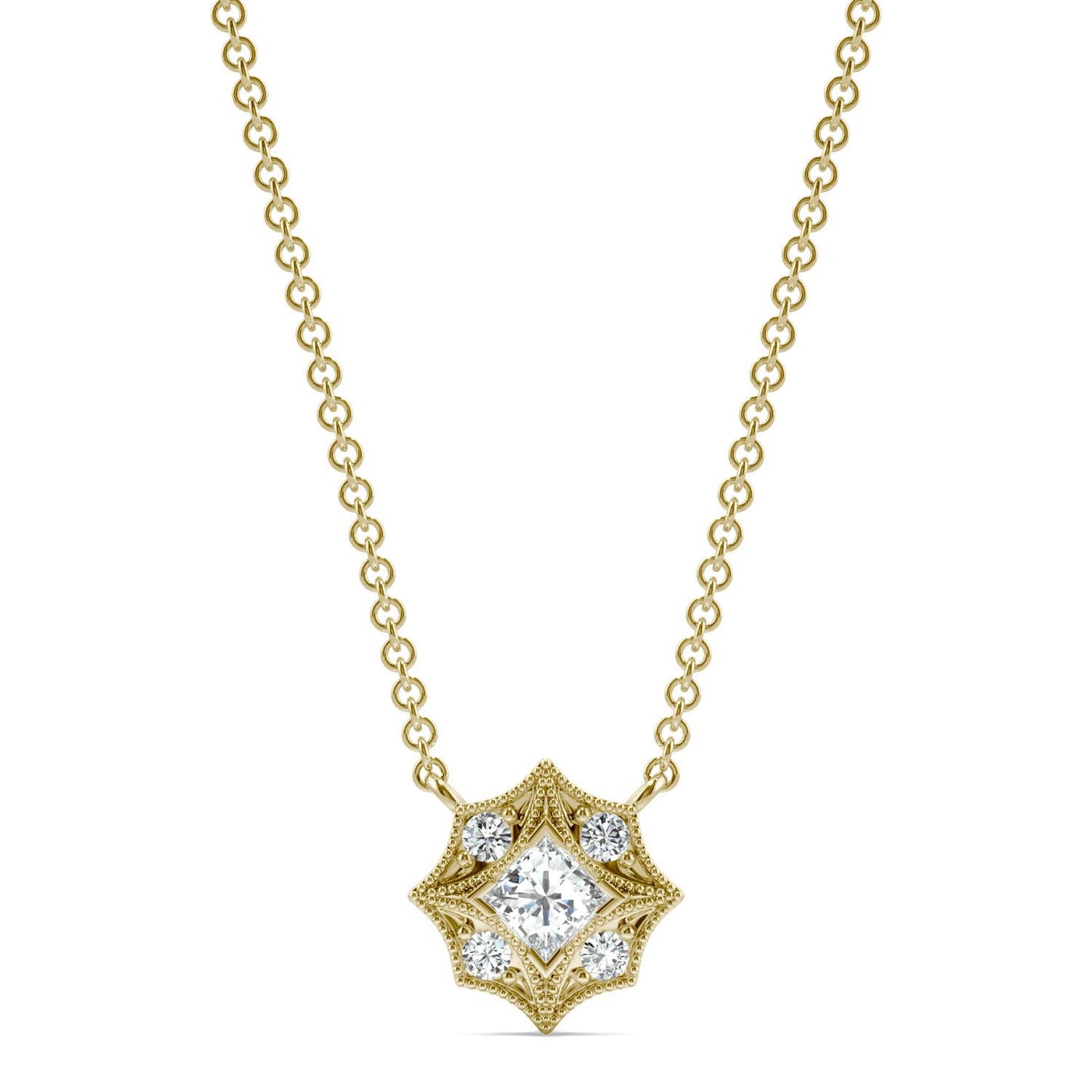 0.24 CTW DEW Princess Forever One Moissanite Signature Milgrain Necklace in 14K Yellow Gold